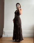 Vintage 90s Pure Silk Beaded Lace Up Dress Chocolate