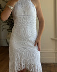 Vintage 90s Crochet Linen Handkerchief Halter Dress