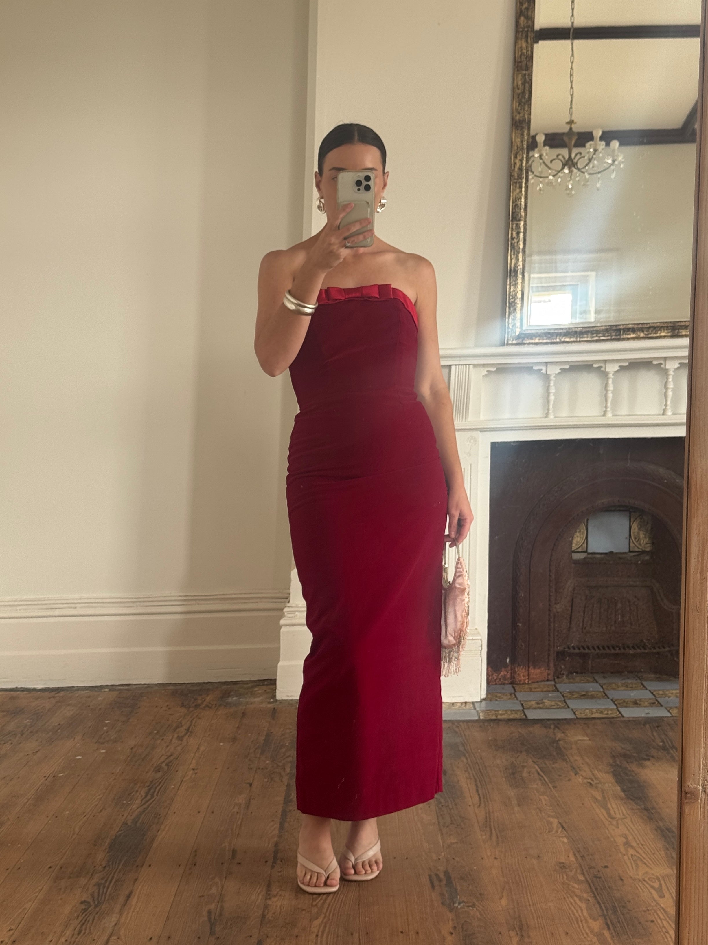 Vintage 90s Red Velvet Strapless Midi Dress with Bow