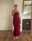 Vintage 90s Red Velvet Strapless Midi Dress with Bow