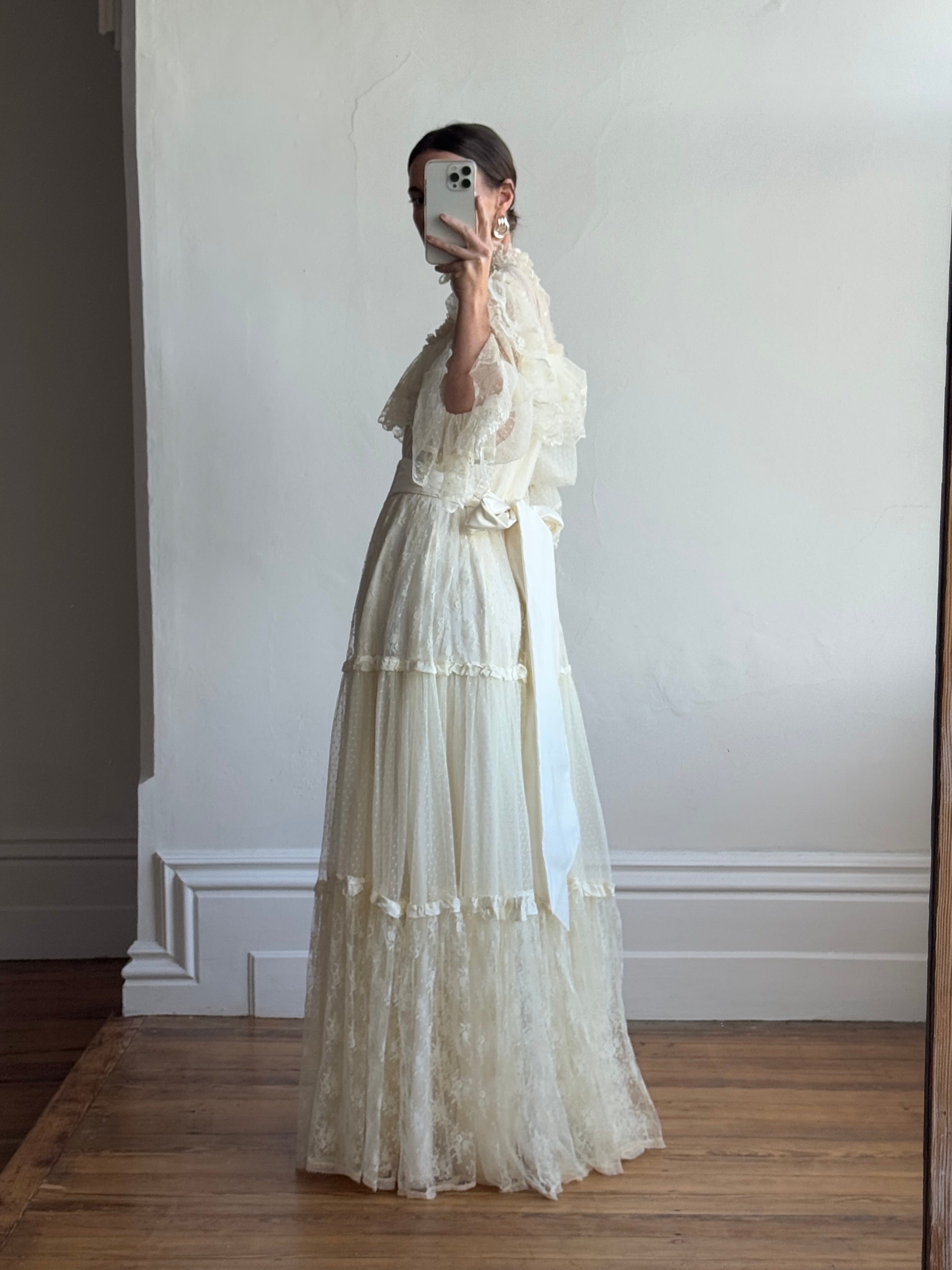 Vintage 70s Prairie Lace Wedding Gown with Beaded Basque Waist Belt