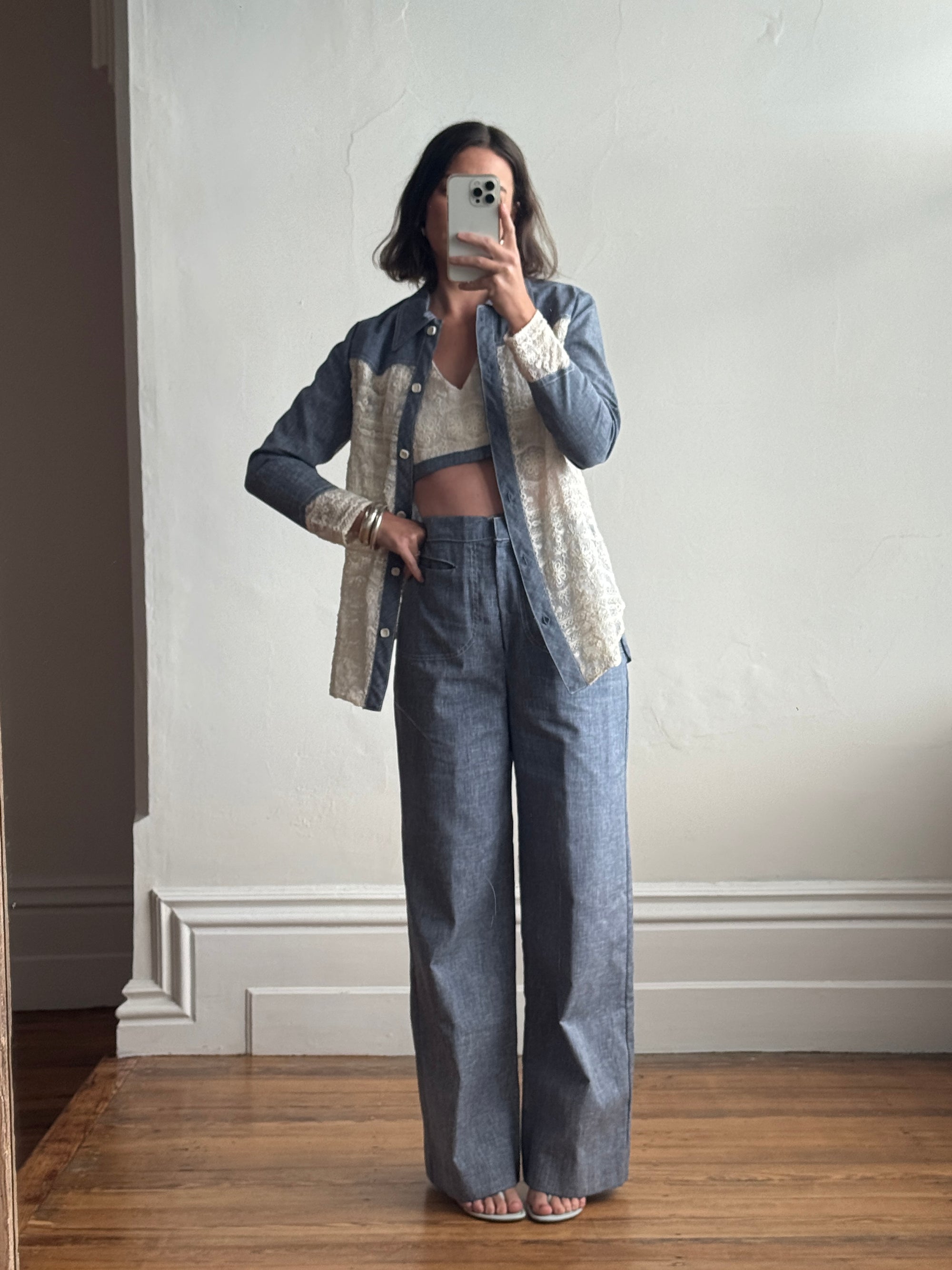 Vintage 70s 3 piece Chambray and Lace Western Set