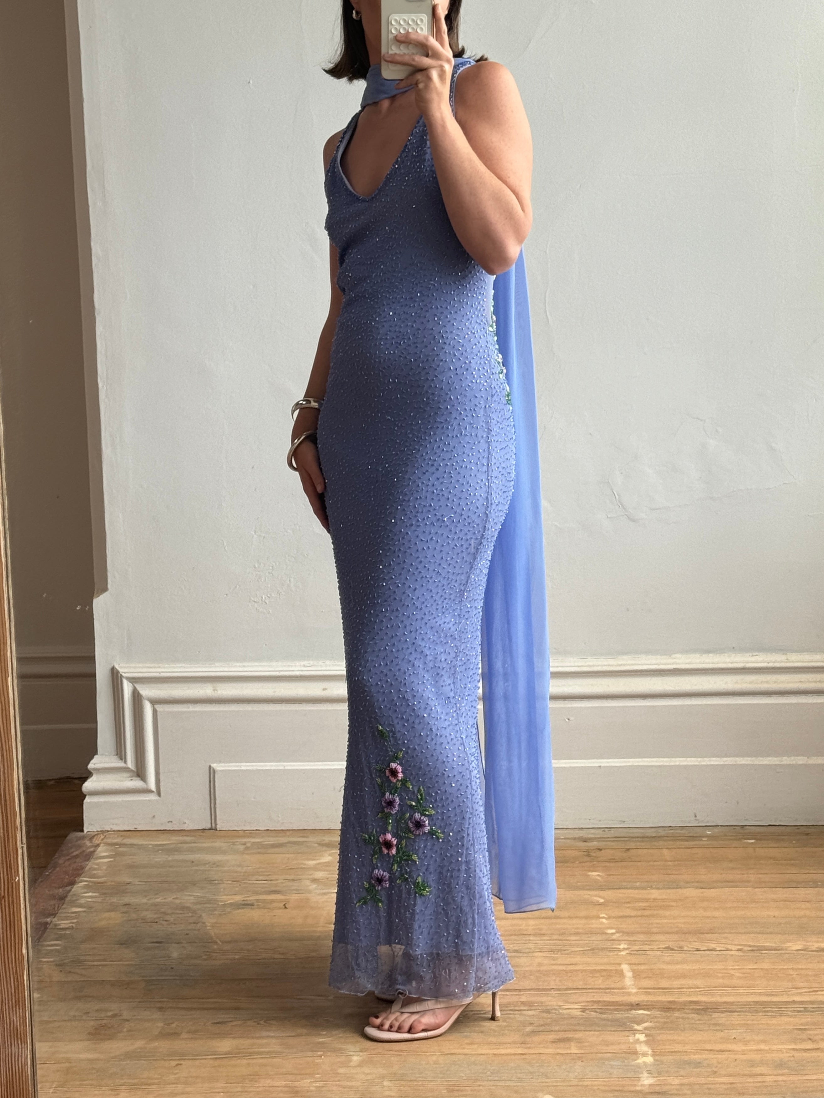 Vintage 90s Cornflour Blue Beaded Evening Gown With Scarf