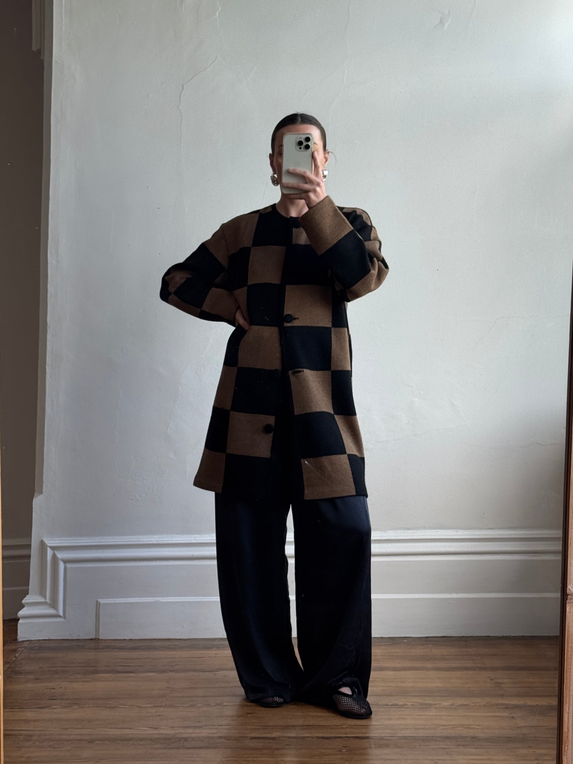 Vintage 80s Pure Wool Checkerboard Oversized Cardi