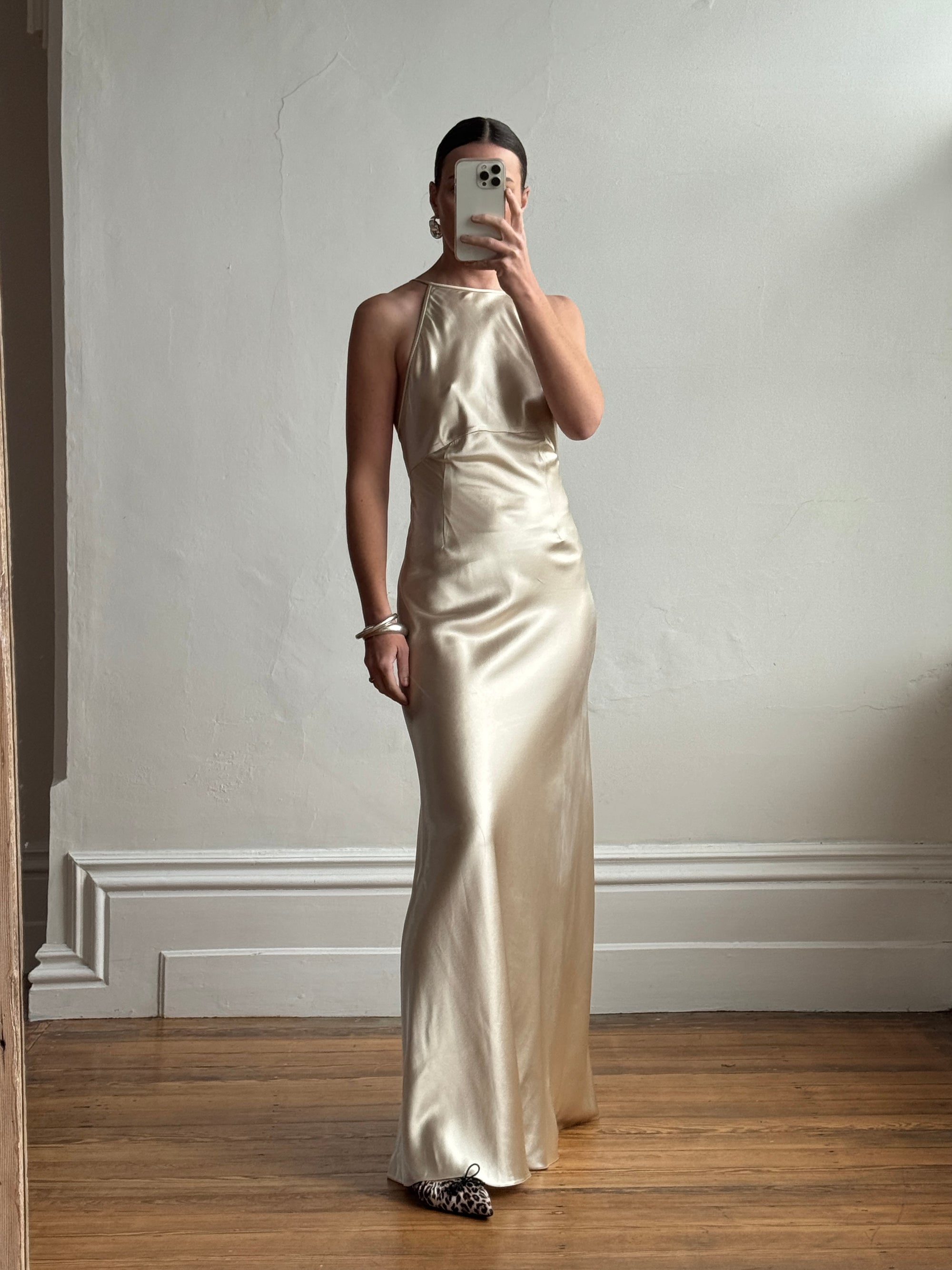 Vintage 90s Plein Sud Champagne Satin Halter Gown