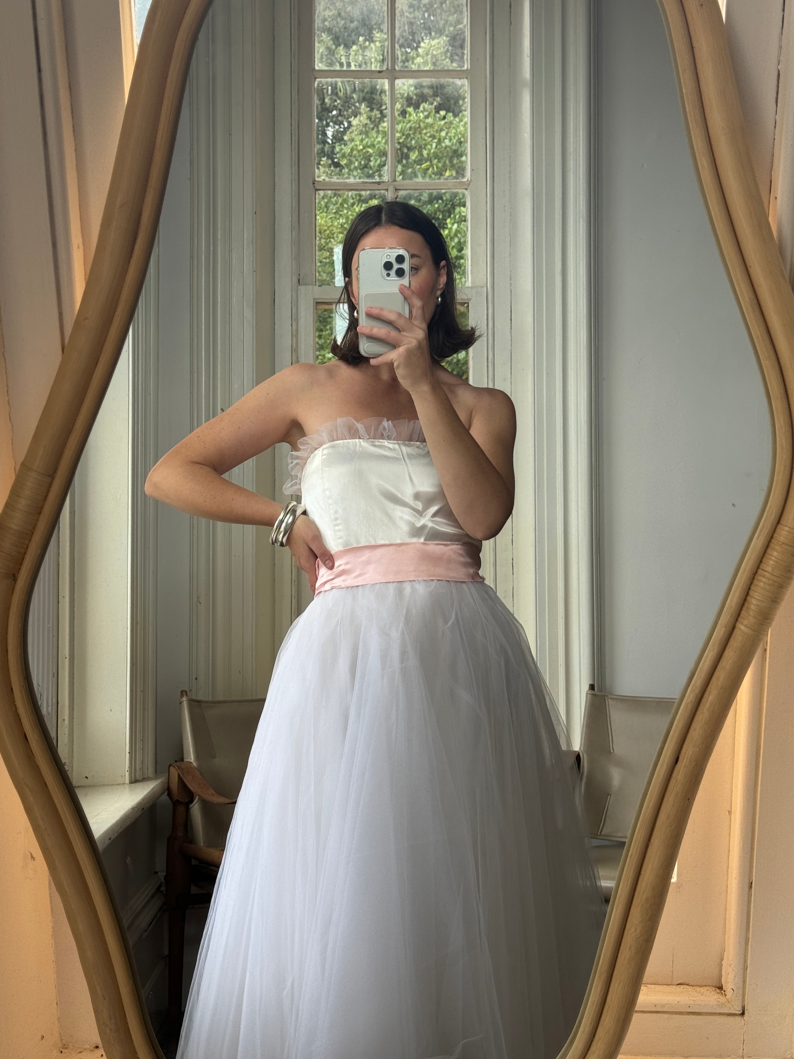 Vintage 80s Cupcake Tulle Dress With Salmon Waist Tie