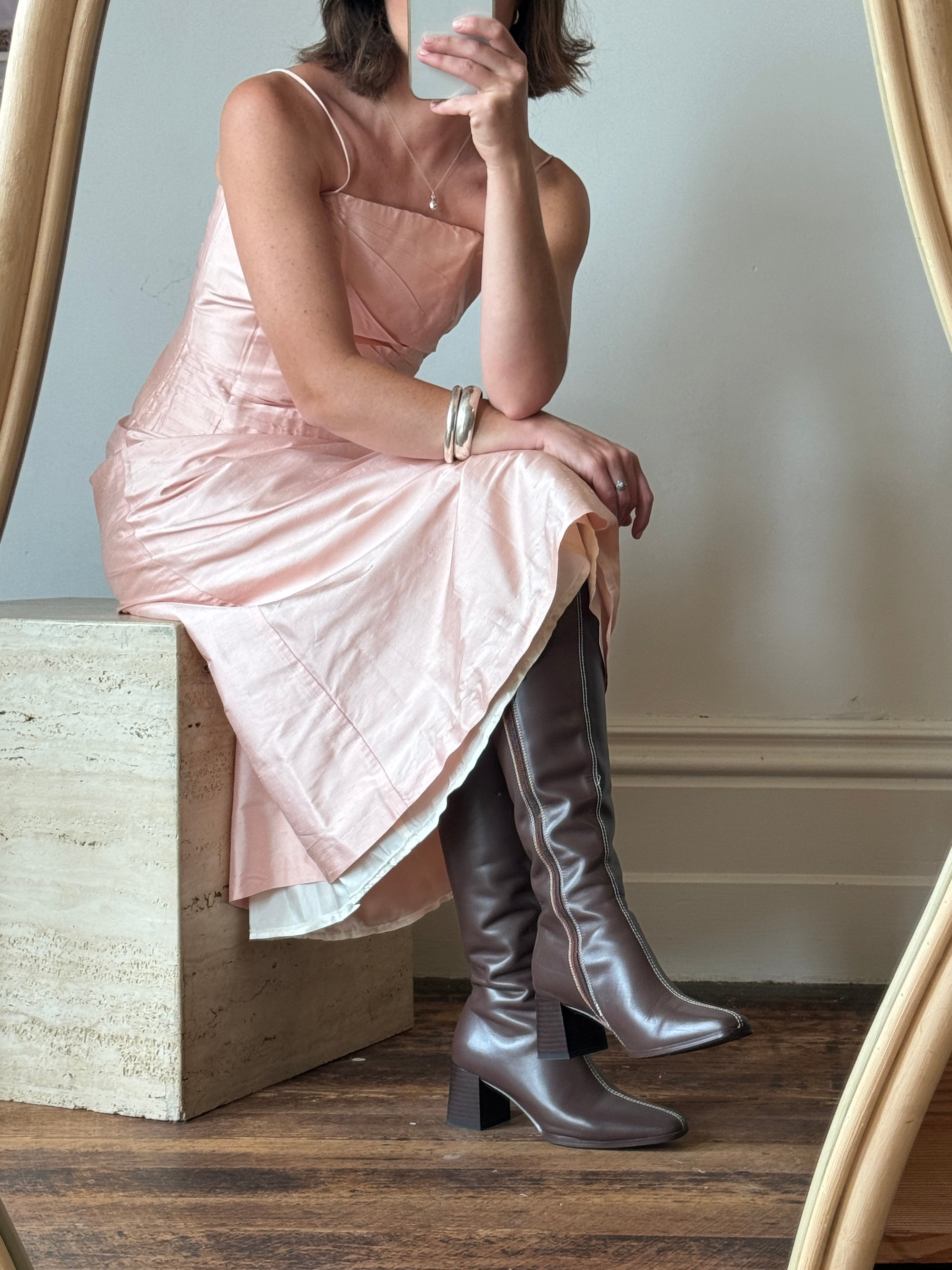 Vintage Pink Pure Silk High Waist Midi Skirt
