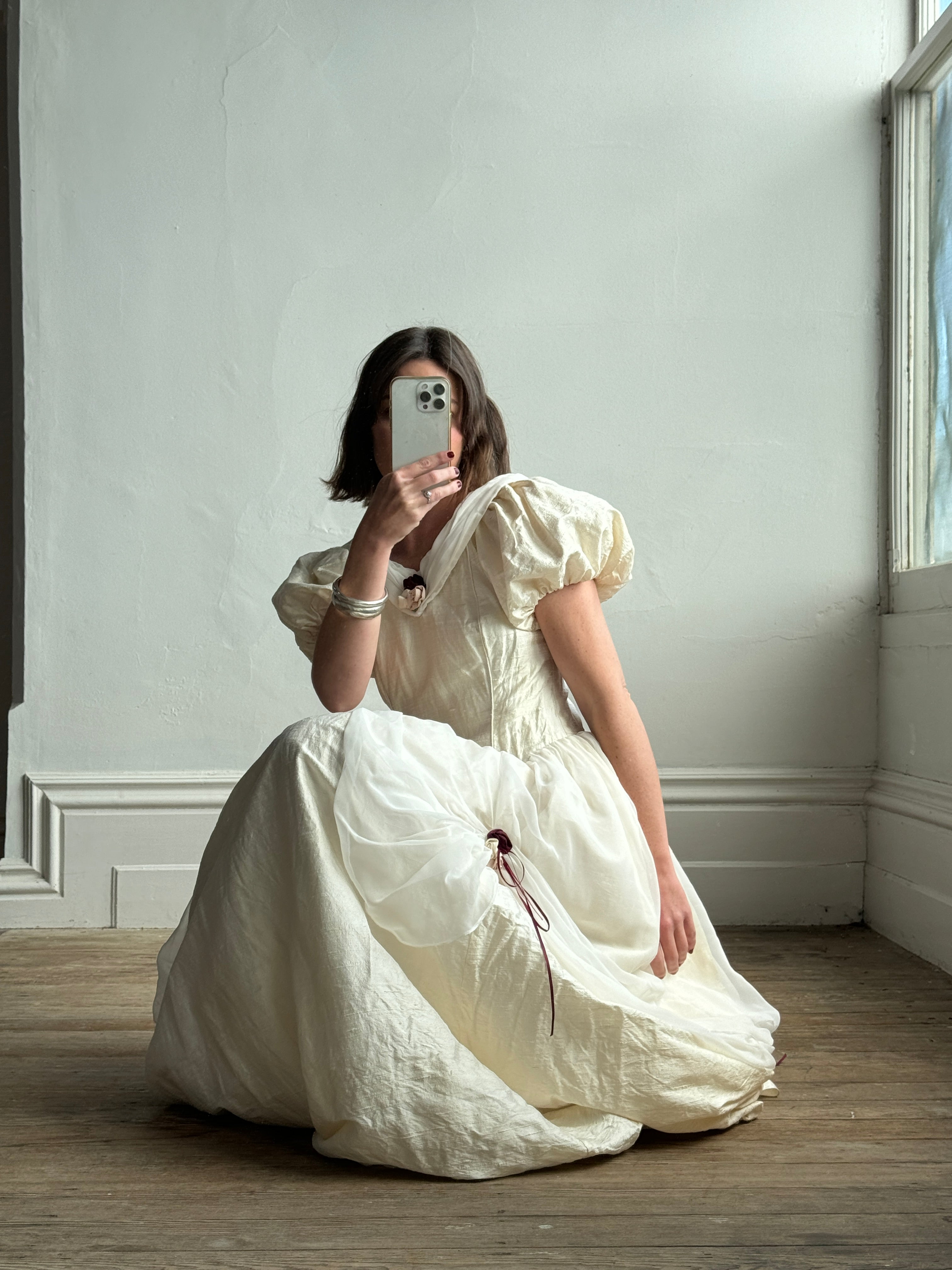 Vintage Silk Puff Sleeve Wedding Dress with Chiffon and Roses