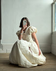 Vintage Silk Puff Sleeve Wedding Dress with Chiffon and Roses