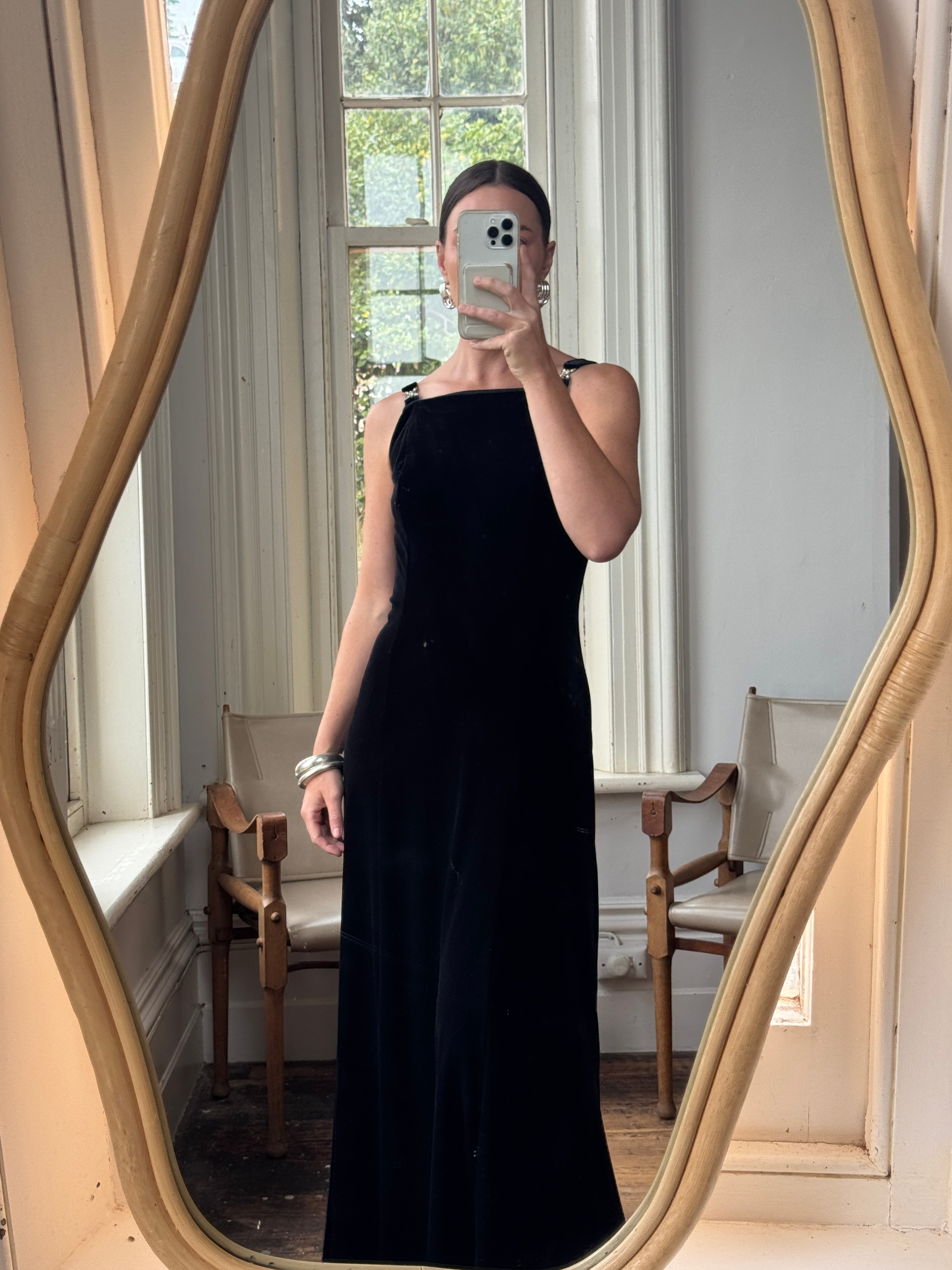 Vintage 90s Velvet High Front Evening Gown With Rhinestones