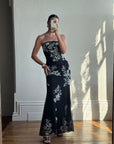 Vintage 90s Embroidered Net Strapless Dress Noir and White