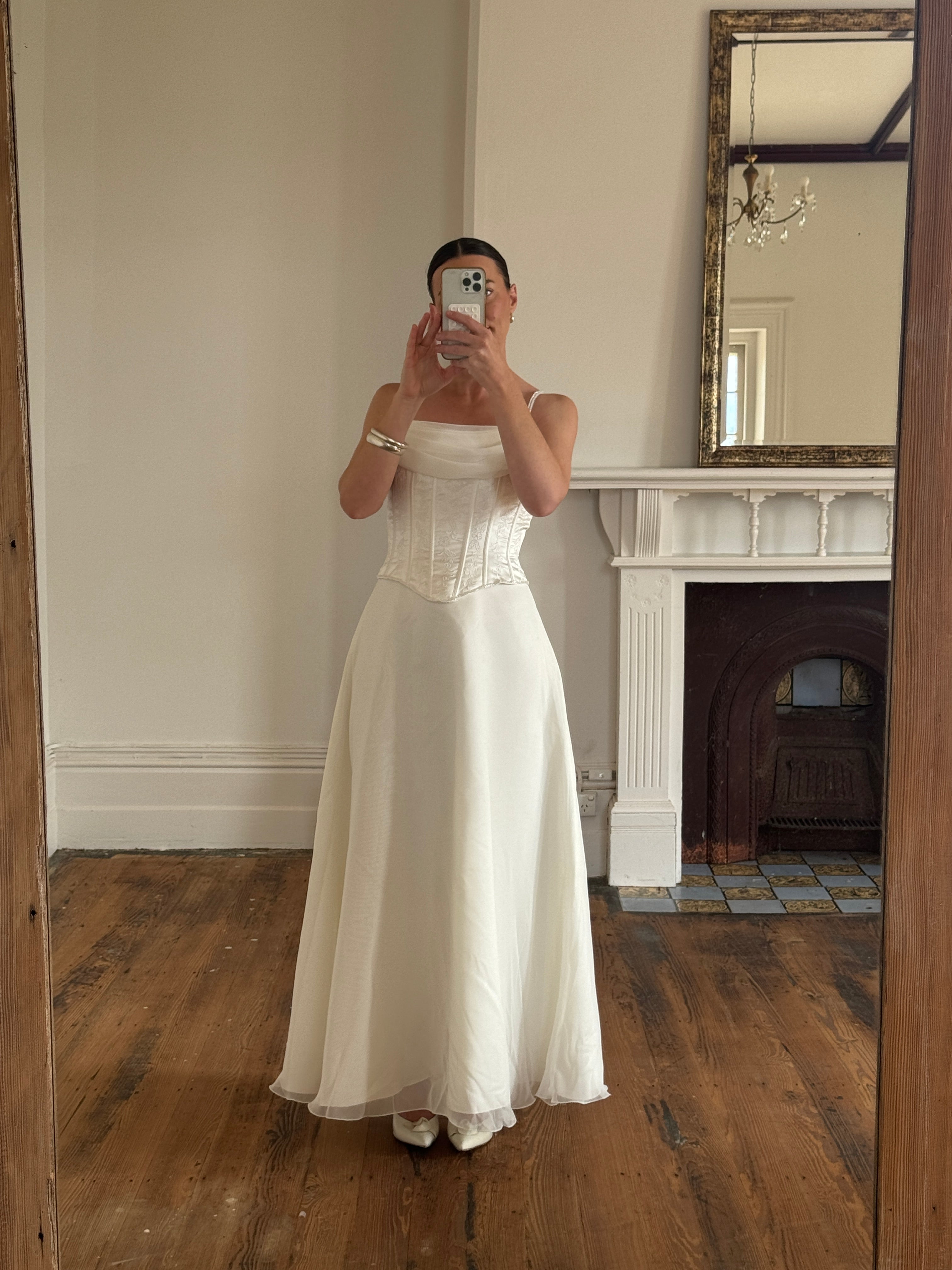 Vintage 90s Cowl Neck Jacquard Bodice Satin Wedding Dress