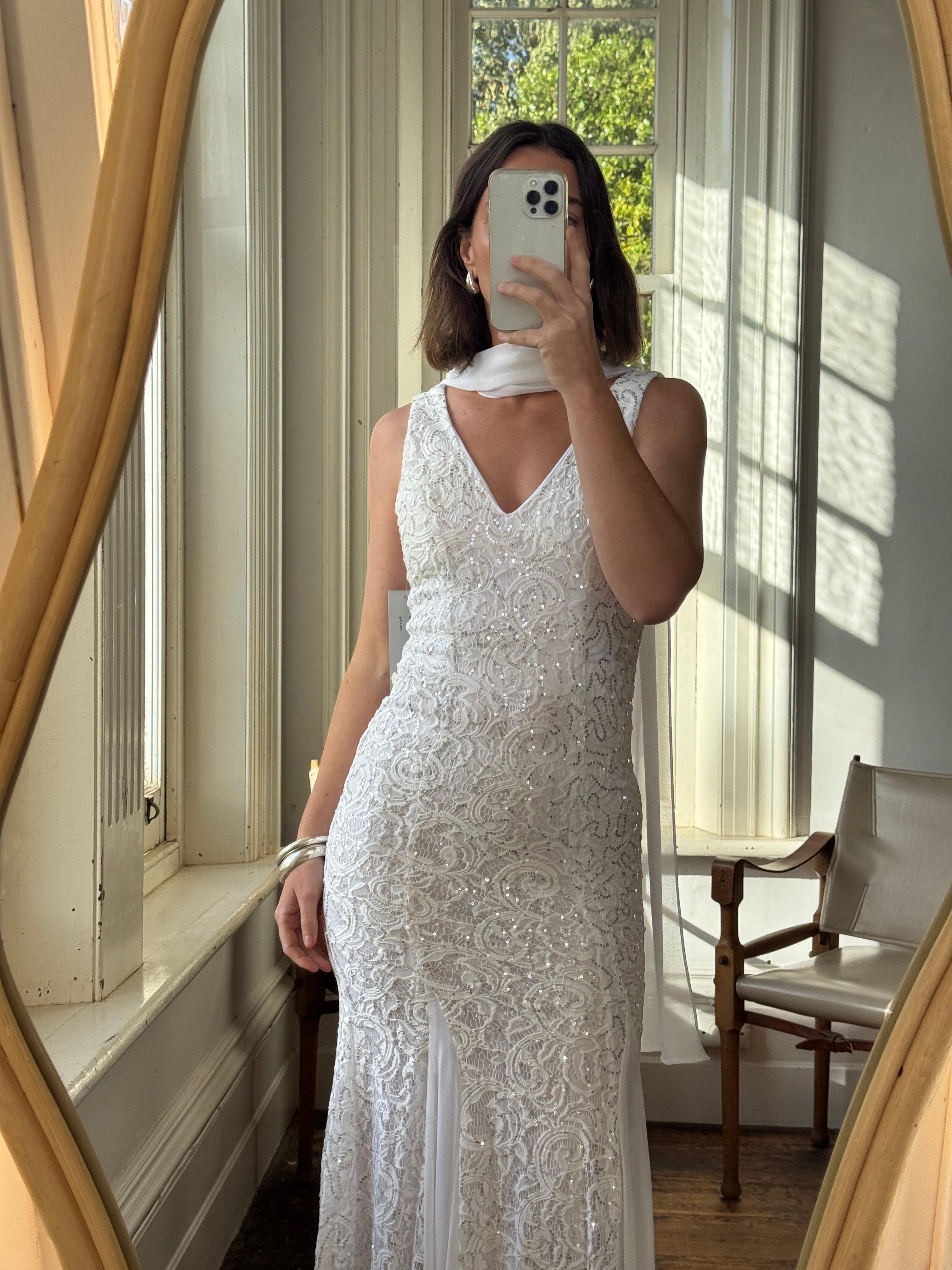 Vintage 90s Silver Sequin Fairy Wedding Dress With Scarf