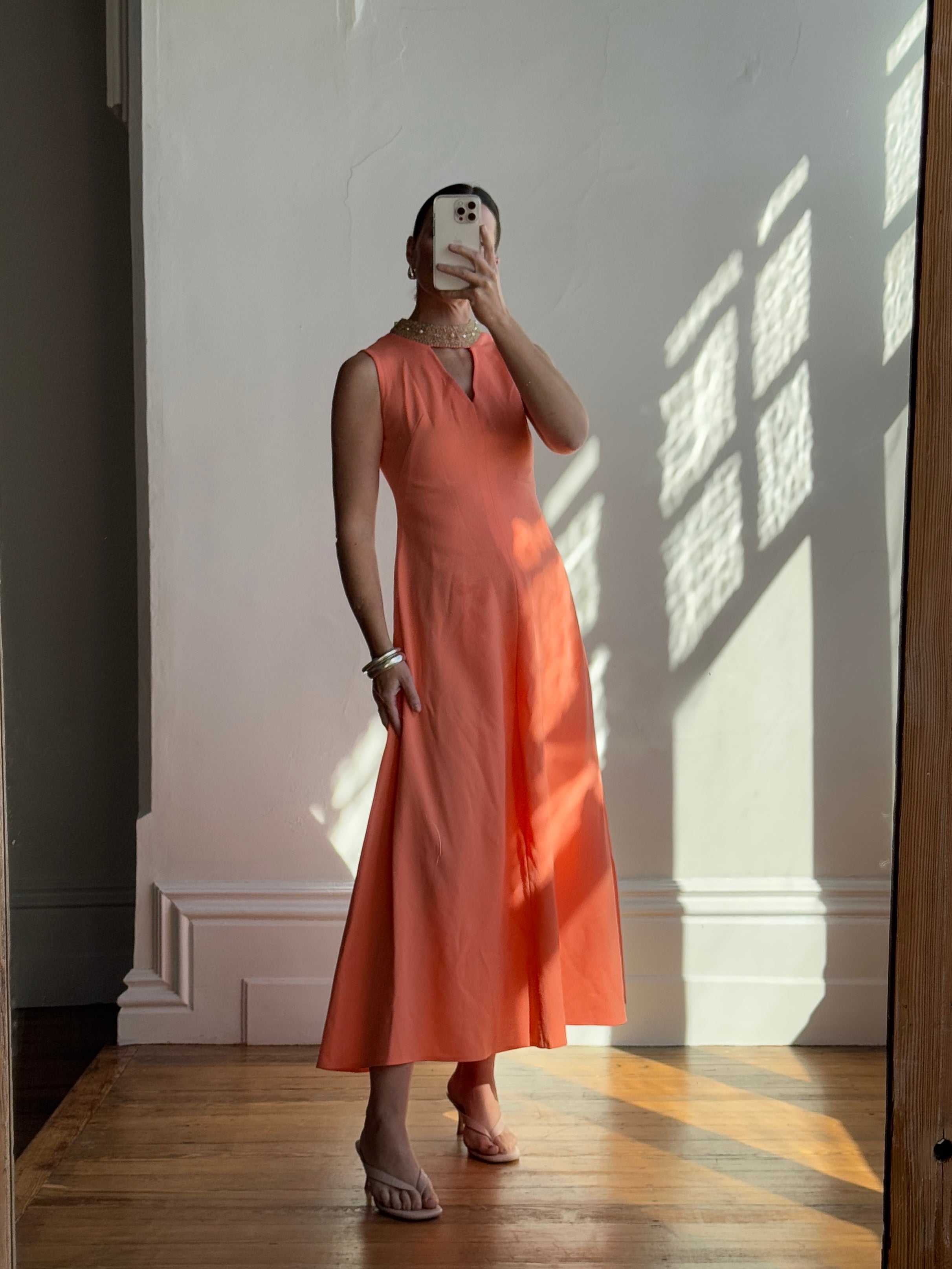 Vintage 70s Rhinestone Collared Sleeveless Dress Coral