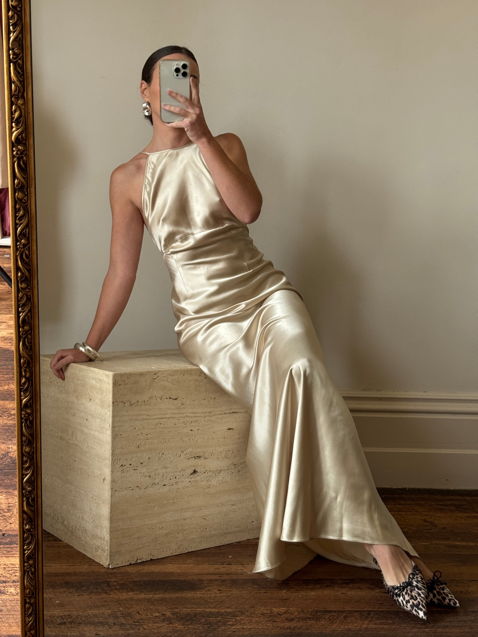 Vintage 90s Plein Sud Champagne Satin Halter Gown
