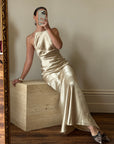 Vintage 90s Plein Sud Champagne Satin Halter Gown