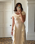 Vintage Stretch Ruffle Boat Neck Wedding Dress