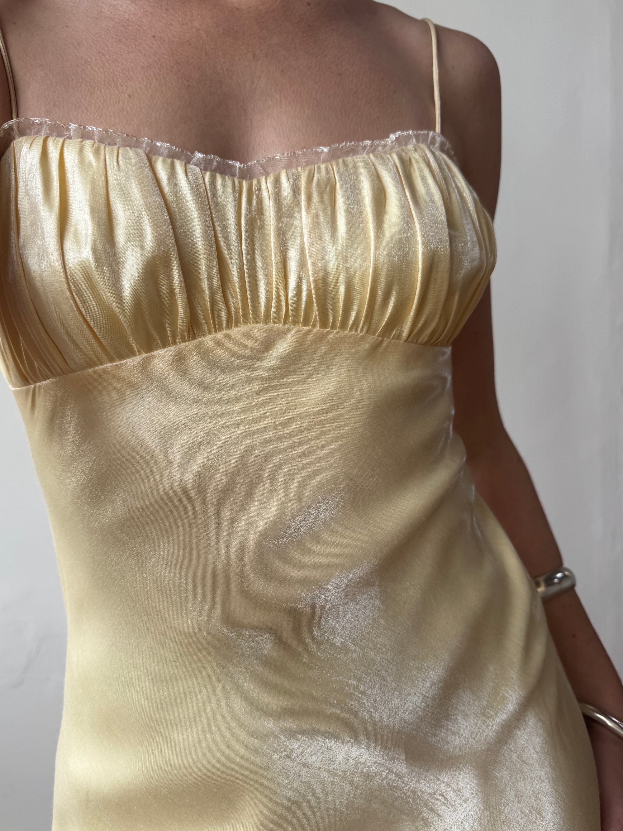 Vintage 90s Butter Yellow Organza Bias Slip Dress
