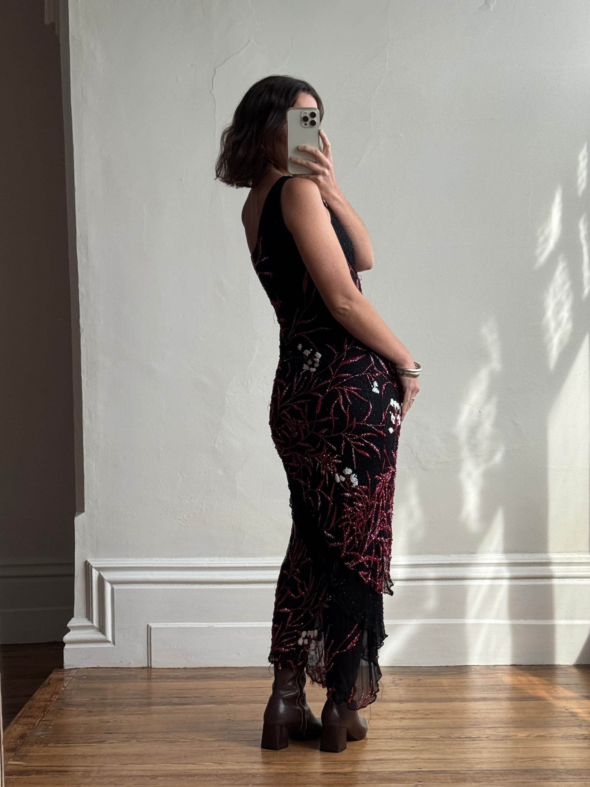 Vintage 90s Beaded Asymmetrical Evening Dress Red Vine