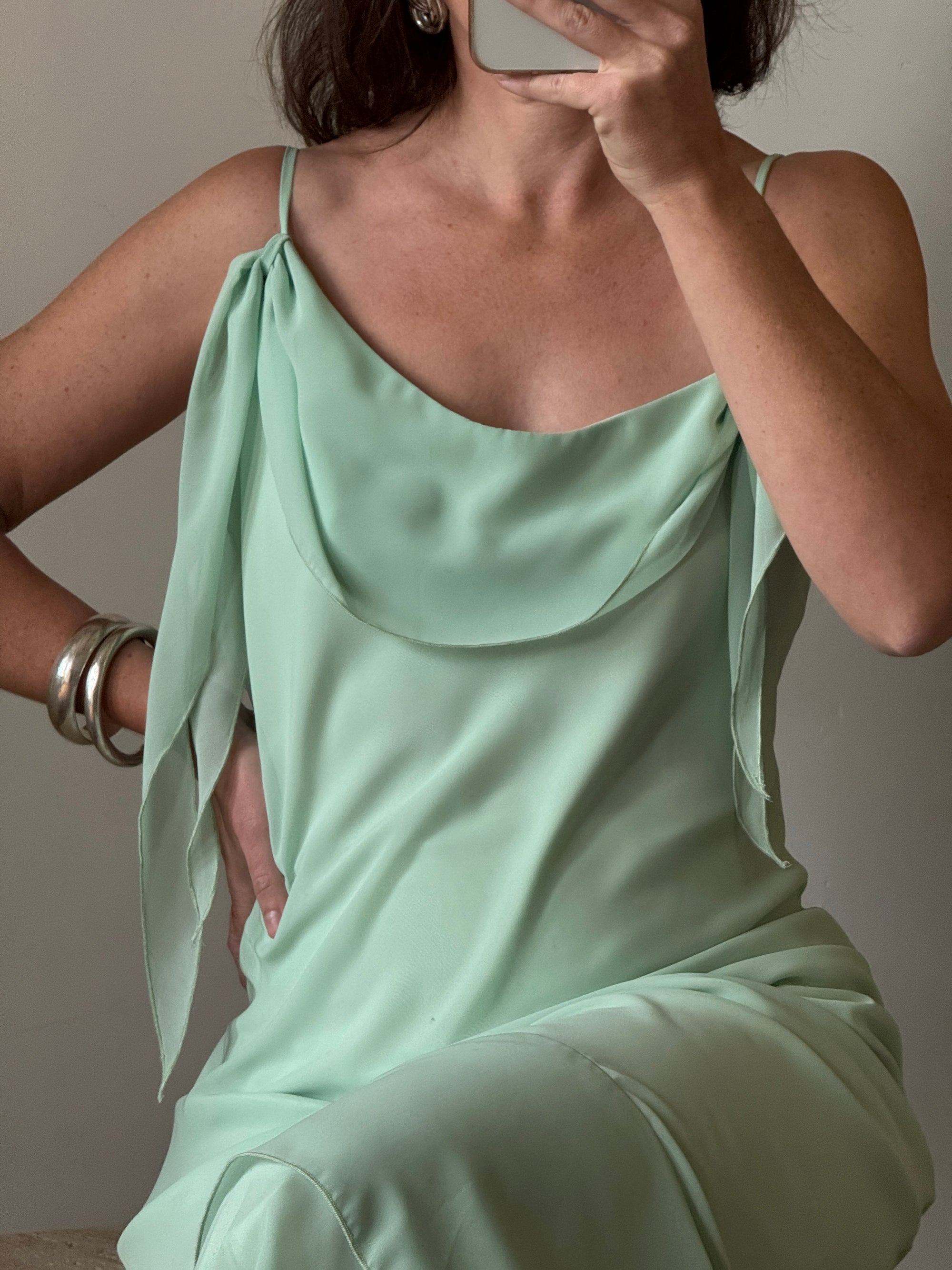 Vintage Y2K Asymmetric Chiffon Ruffle Dress Mint Green