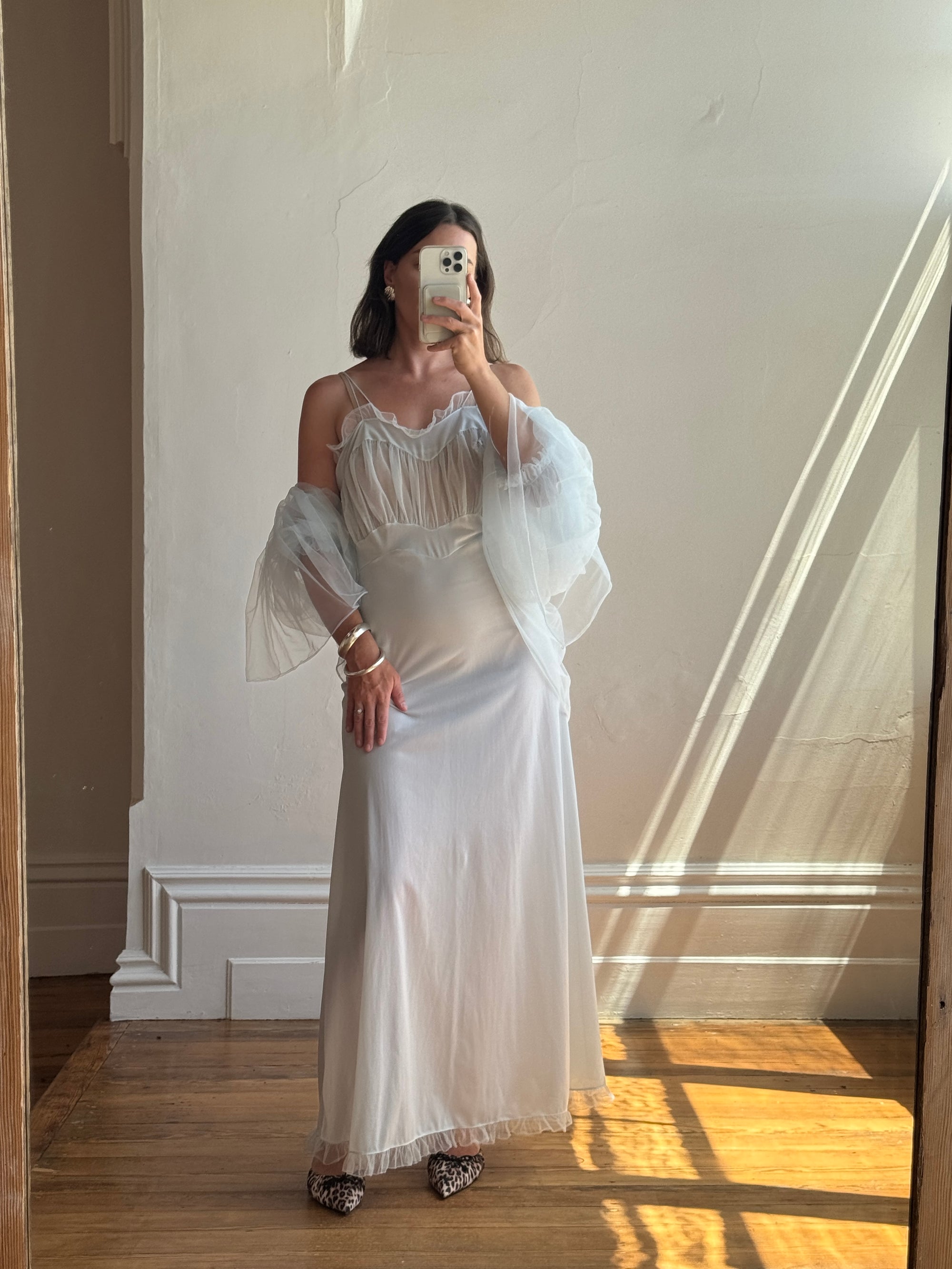 Vintage 50s Baby Blue Peignoir Slip and Jacket Set with Bows