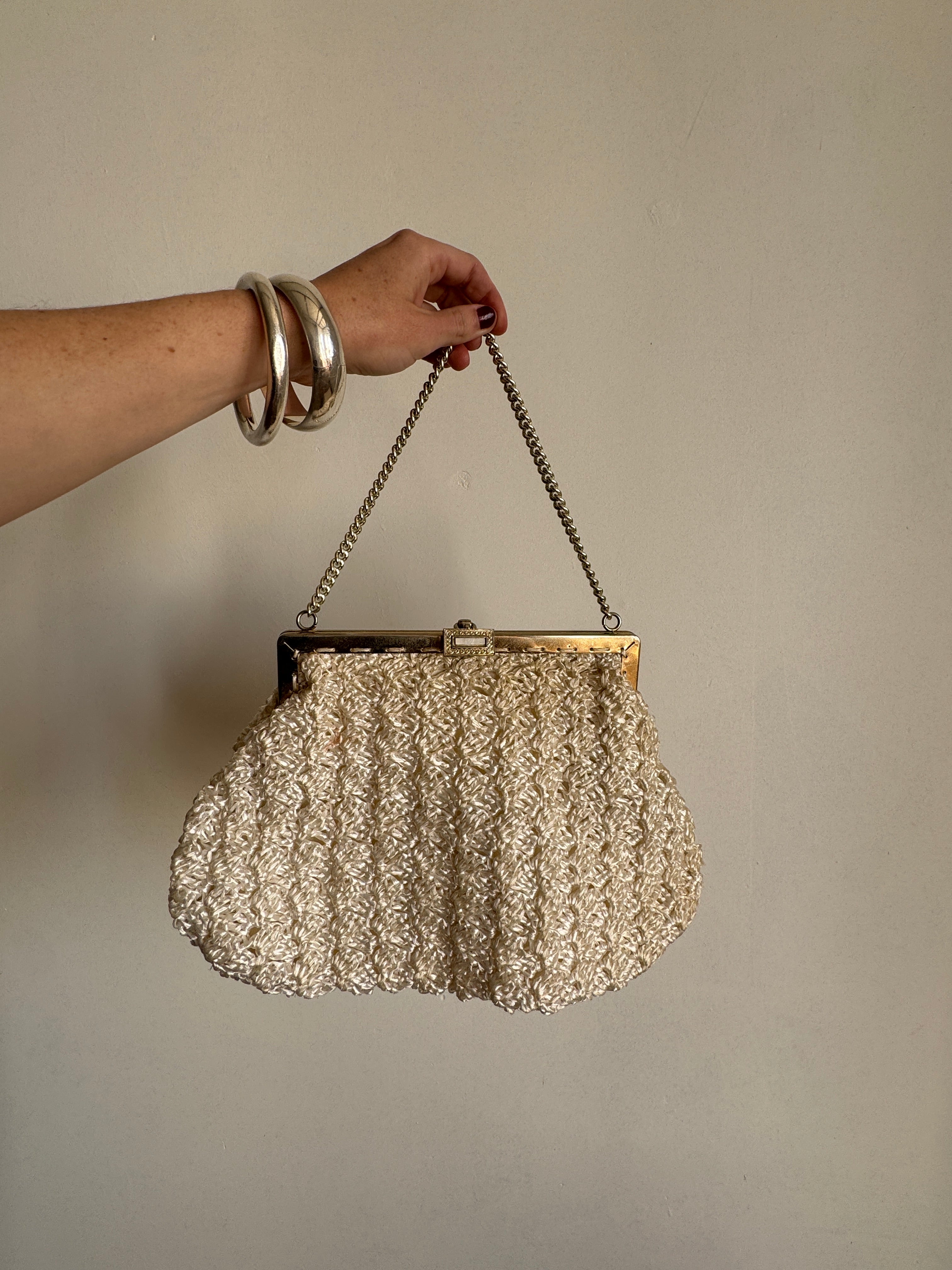 Vintage Woven Handbag With Silver Chain