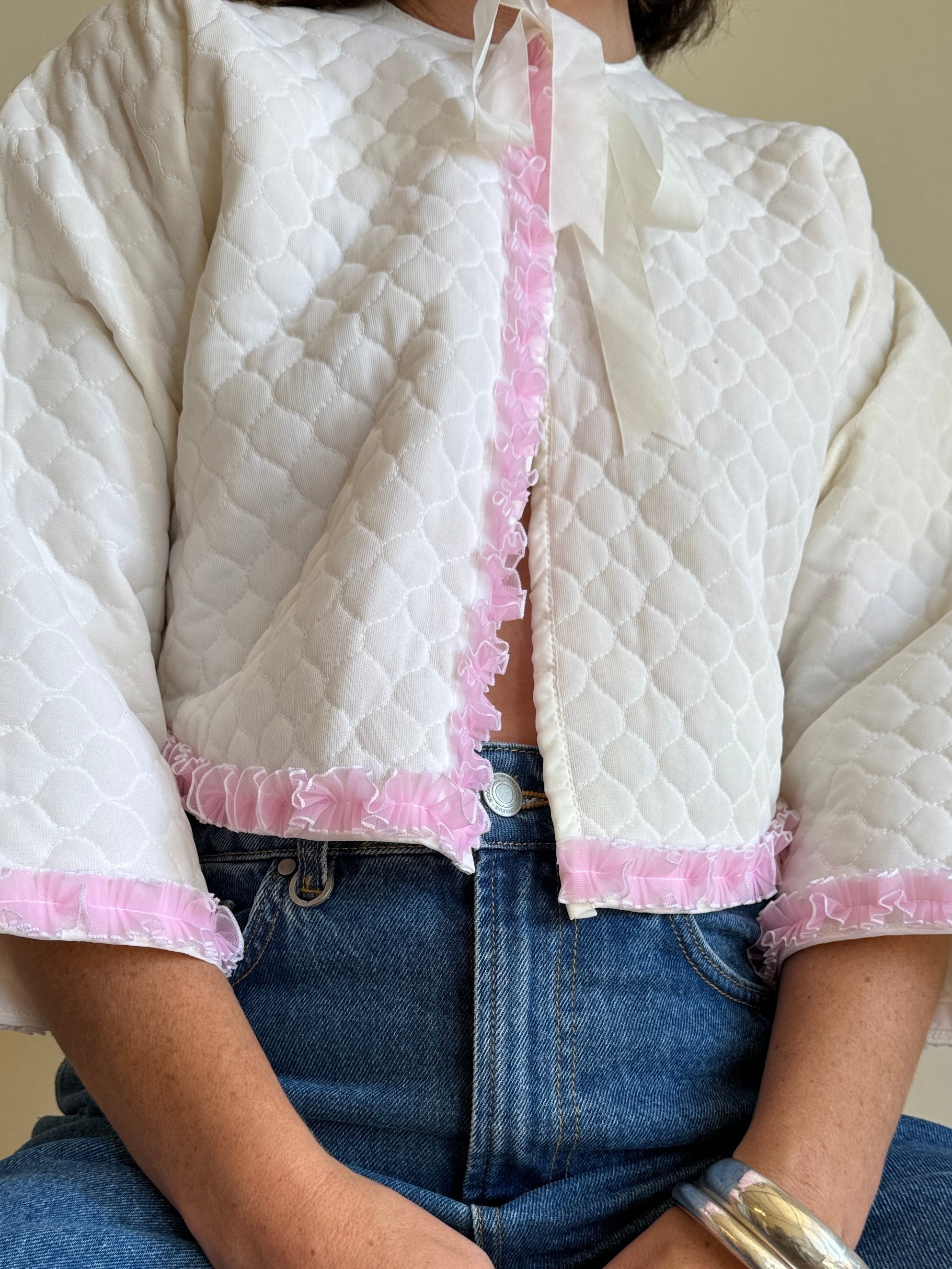 Vintage Quilted Ribbon Tie Top With Pink Trim