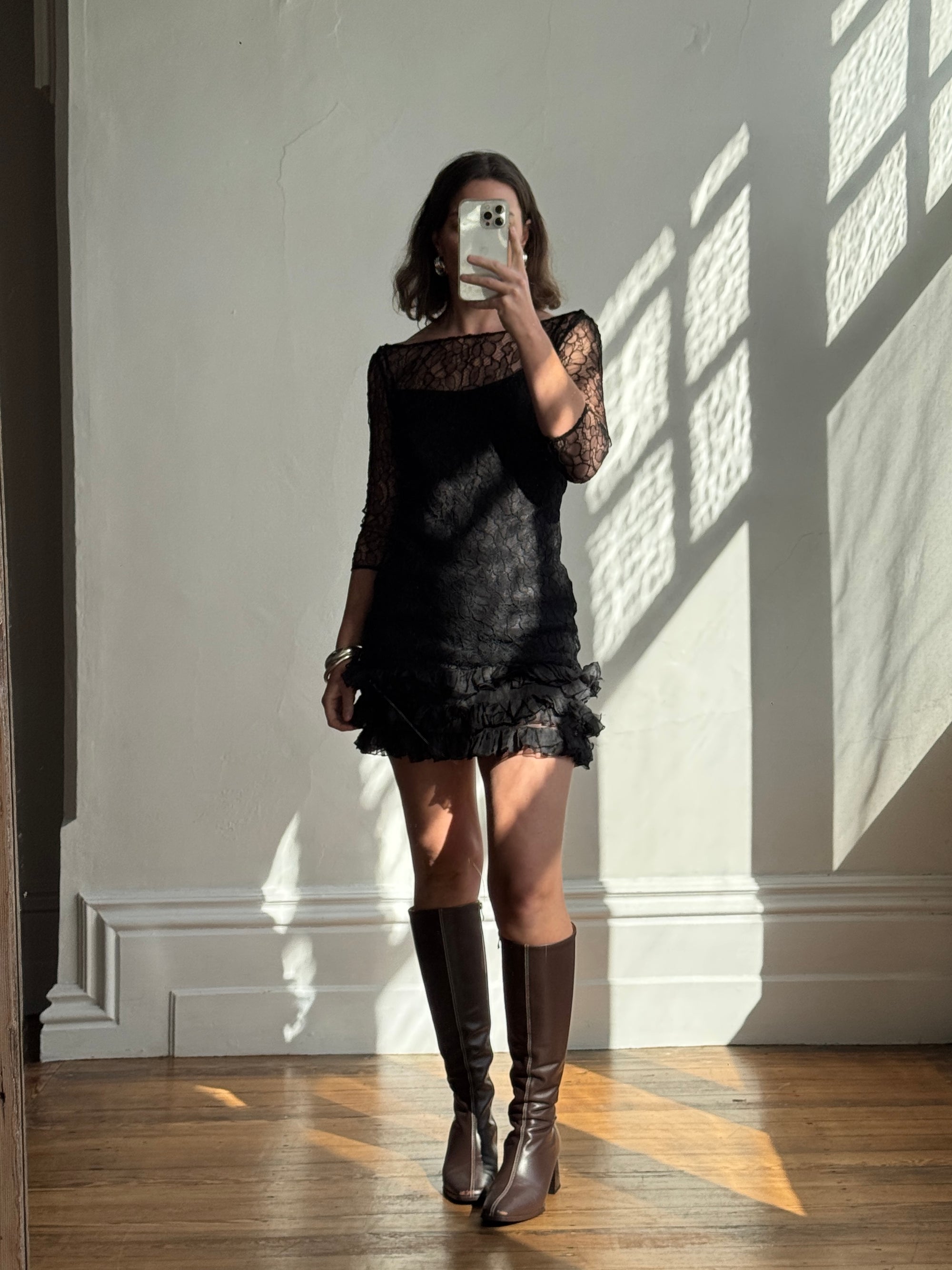 Archival Y2K Lace Ruffle Mini Dress Noir