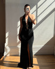 Vintage 90s Low Jersey Evening Dress Rhinestone Snake Noir