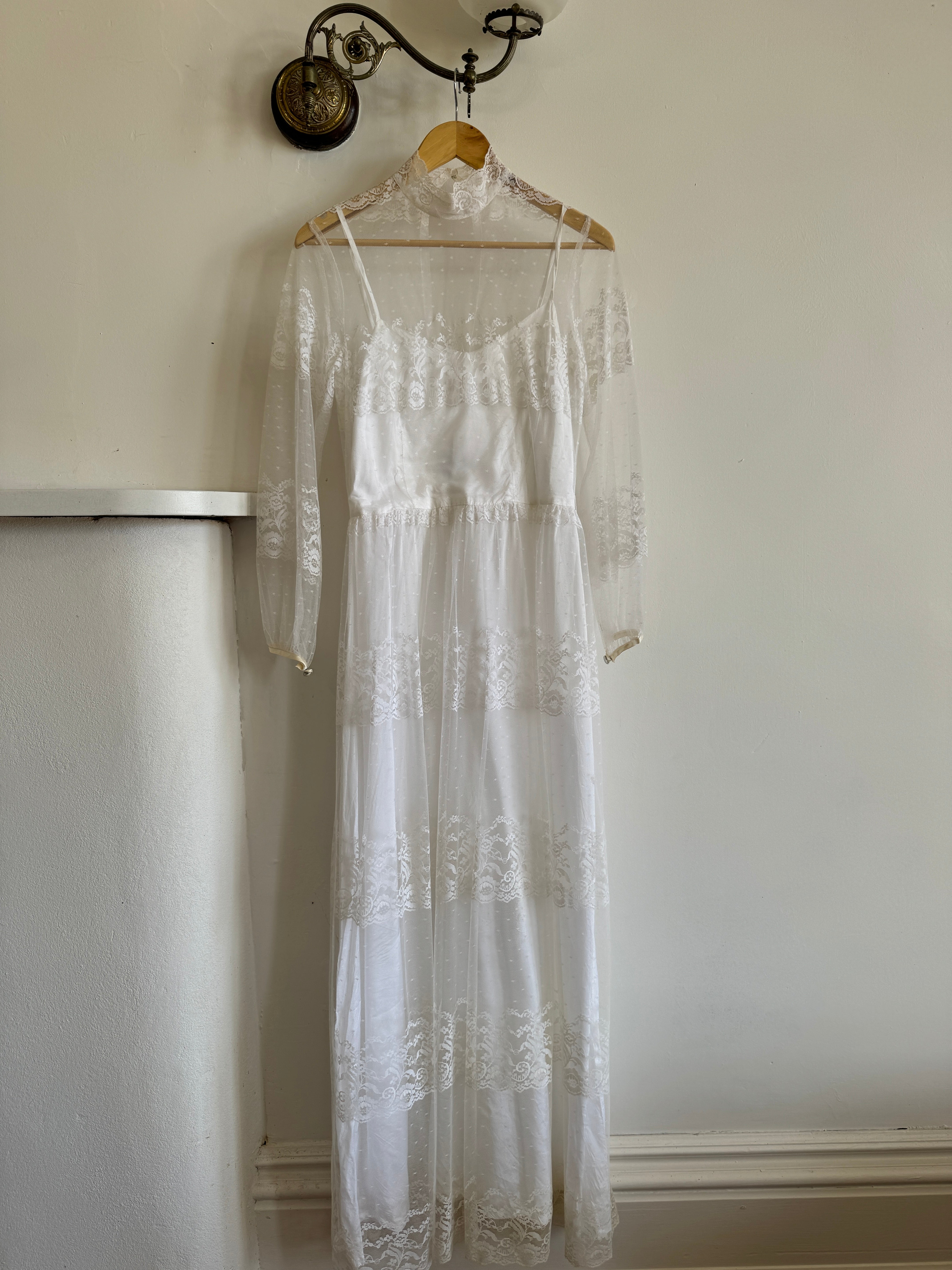 Vintage 70s Lace Long Sleeved High Neck Wedding Dress