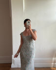 Vintage 90s Badgley Mischka Silver Pure Silk Embellished Gown