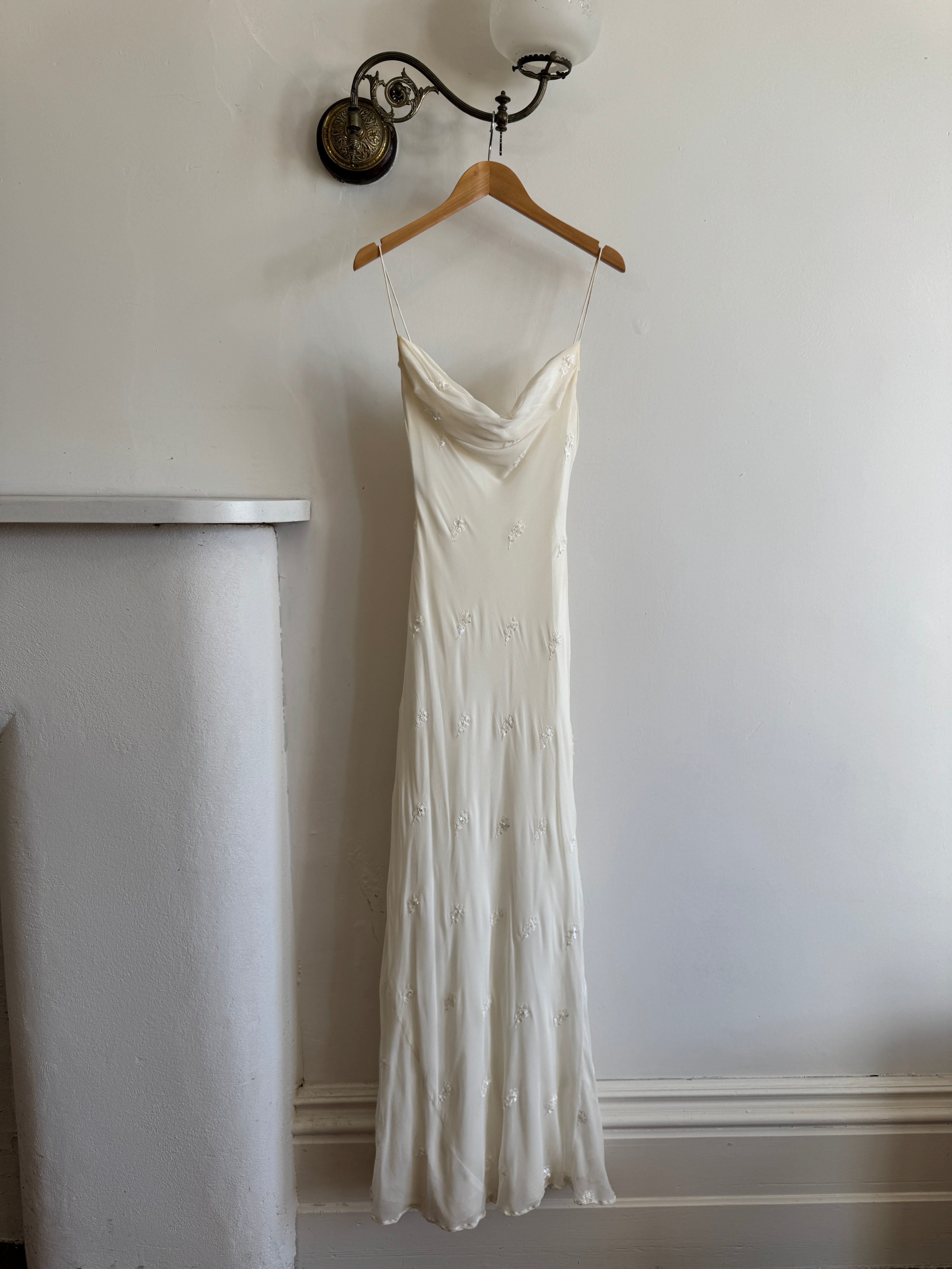 Vintage 90s Pure Silk Bias Cut Slip Embroidered Wedding Dress
