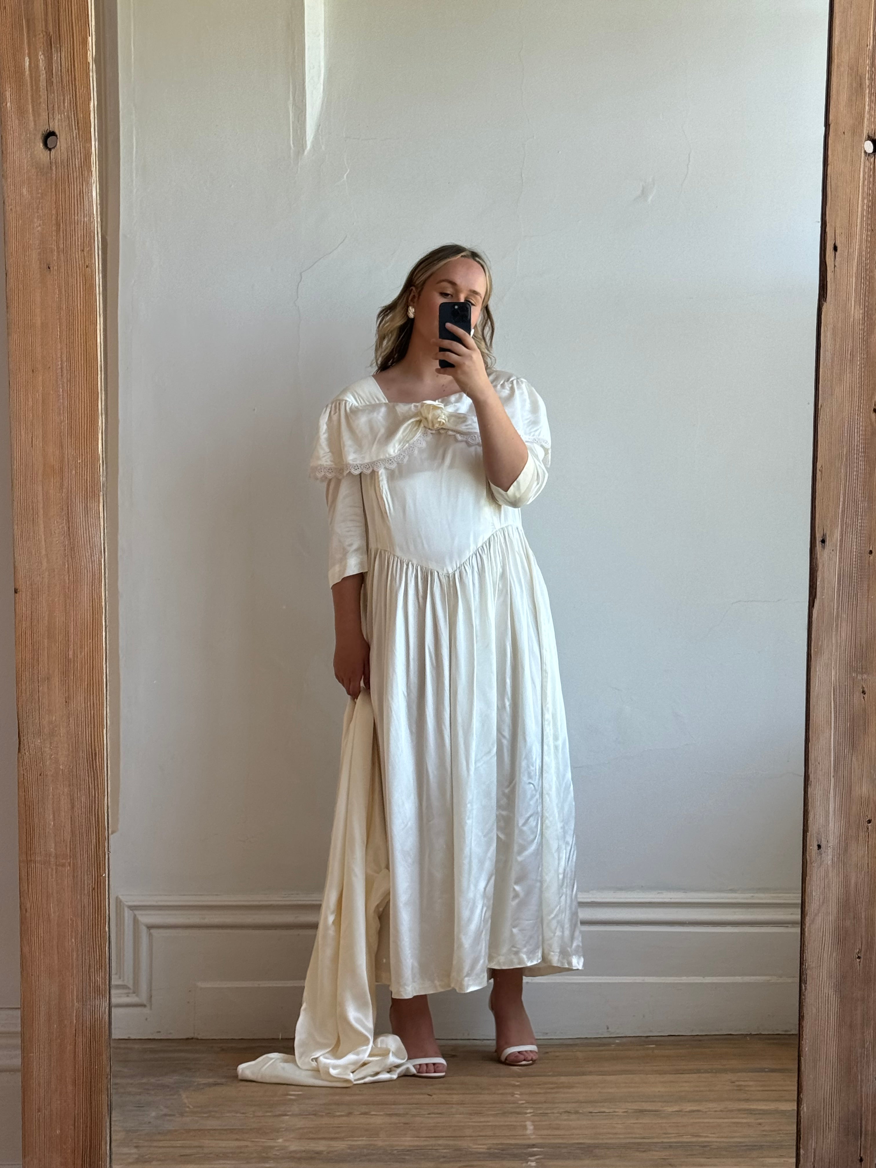 Vintage 80s Liquid Satin Basque Waist Wedding Dress