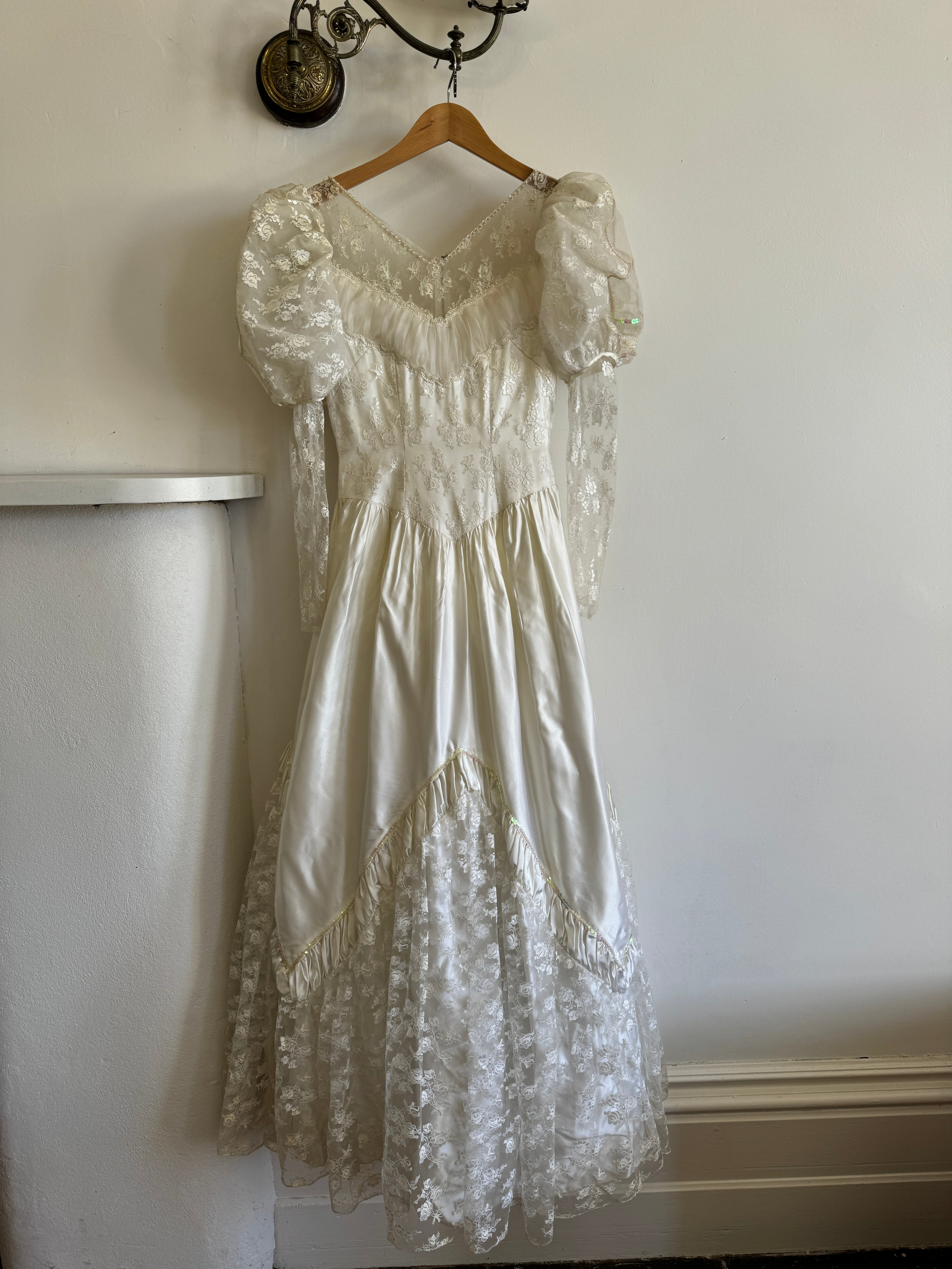 Vintage 80s Lace Satin Sequin Panelled Wedding Gown