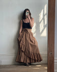 Vintage 80s Taffeta Frill Maxi Skirt Latte