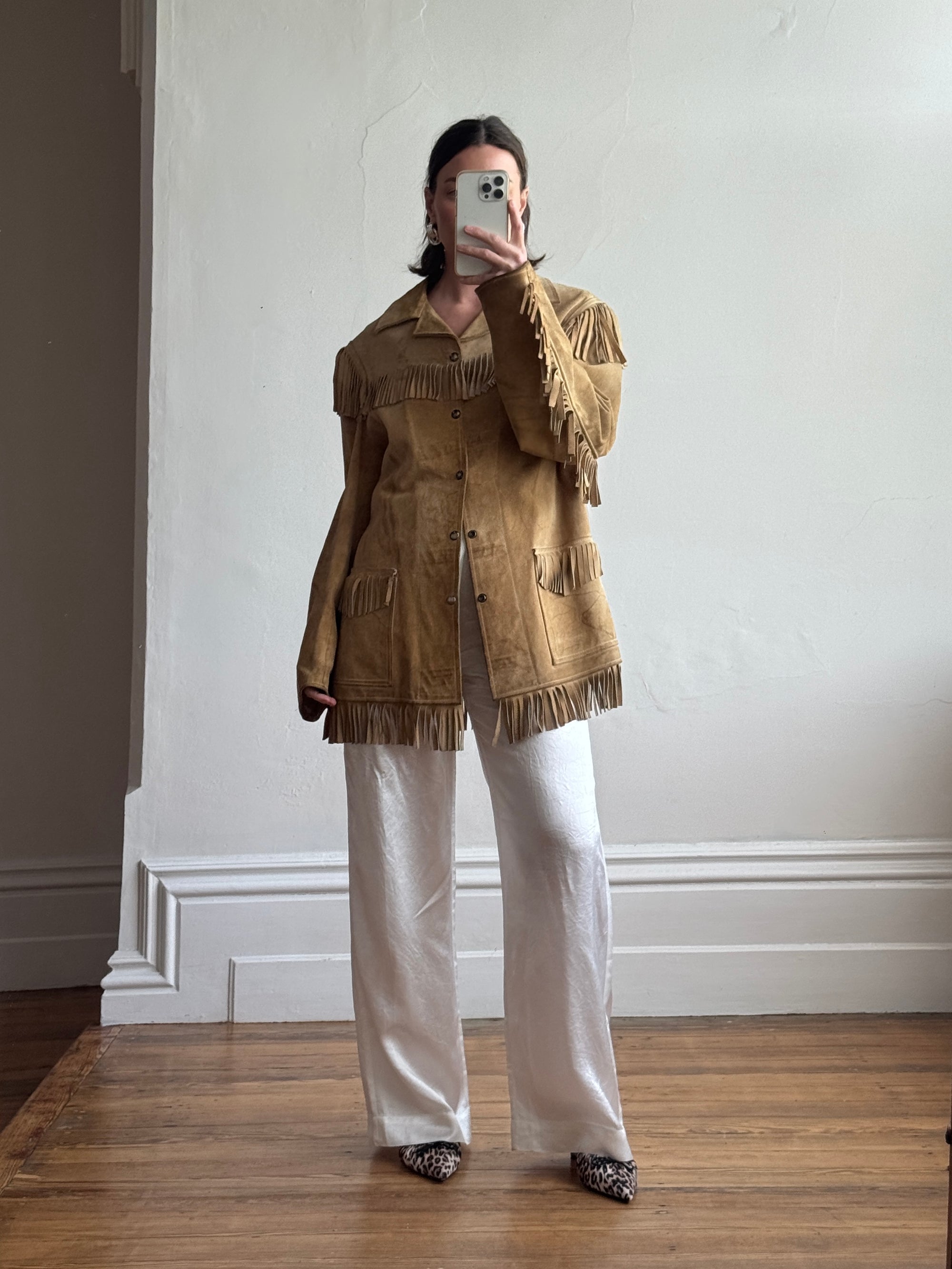 Vintage 70s Western Fringe Suede Leather Jacket Tan