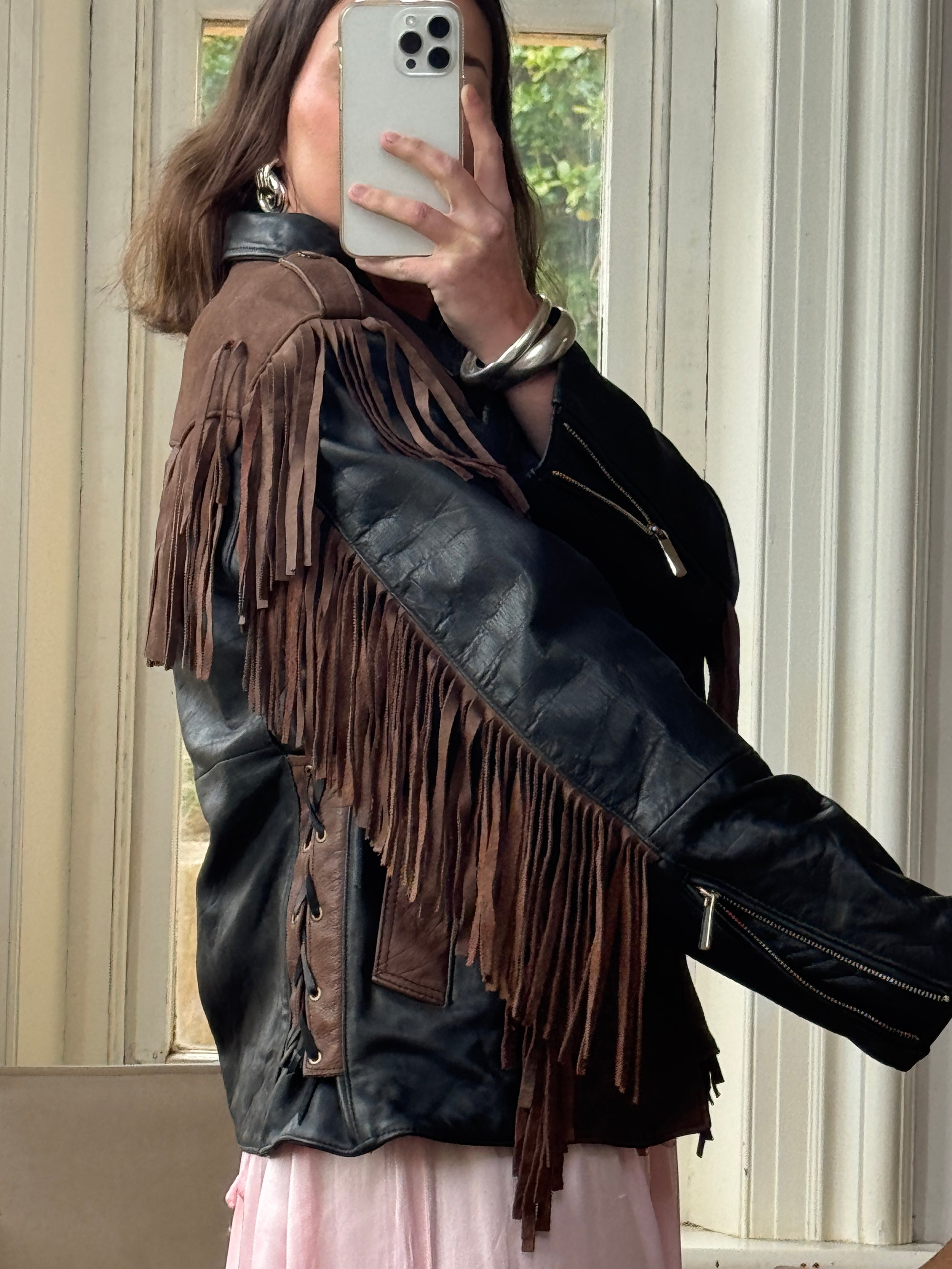 Vintage 70s Fringed Lace Up Leather Jacket Chocolate Noir
