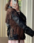 Vintage 70s Fringed Lace Up Leather Jacket Chocolate Noir