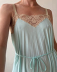 Vintage 50s Aqua Pleated Negligee Slip Cream Lace