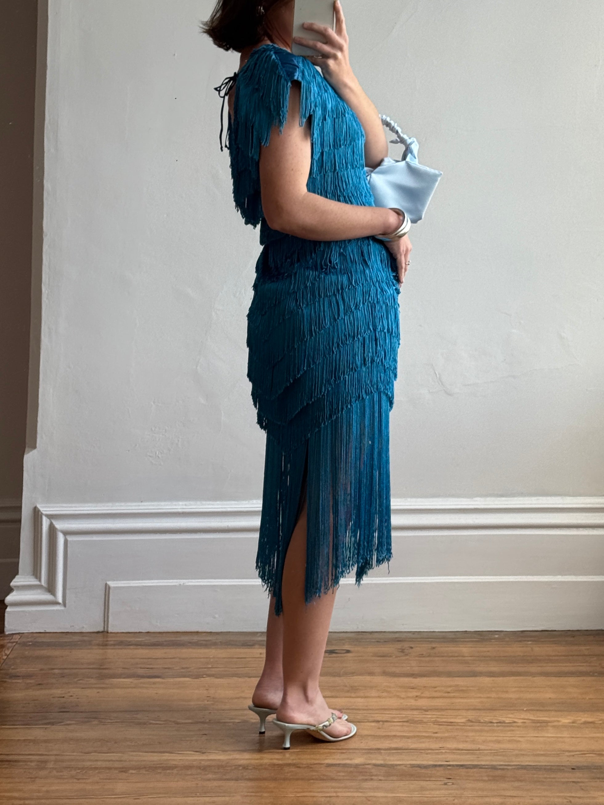 Vintage 80s Fringe Party Dress Ocean Blue