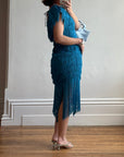 Vintage 80s Fringe Party Dress Ocean Blue