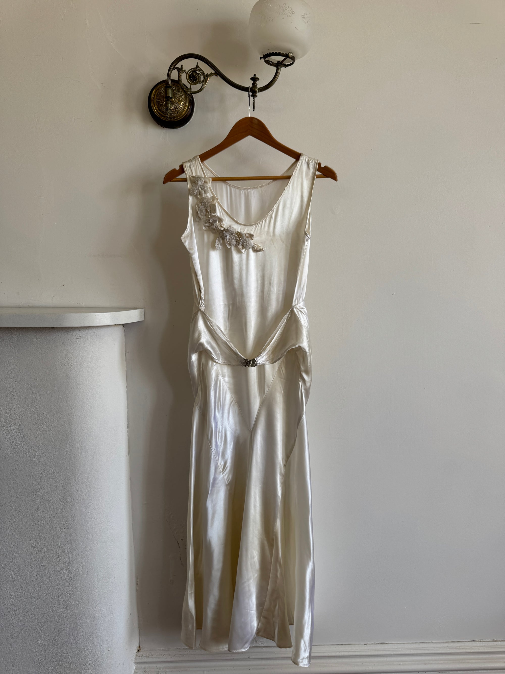 Vintage 30s Satin Bias Belted Bridal Midi