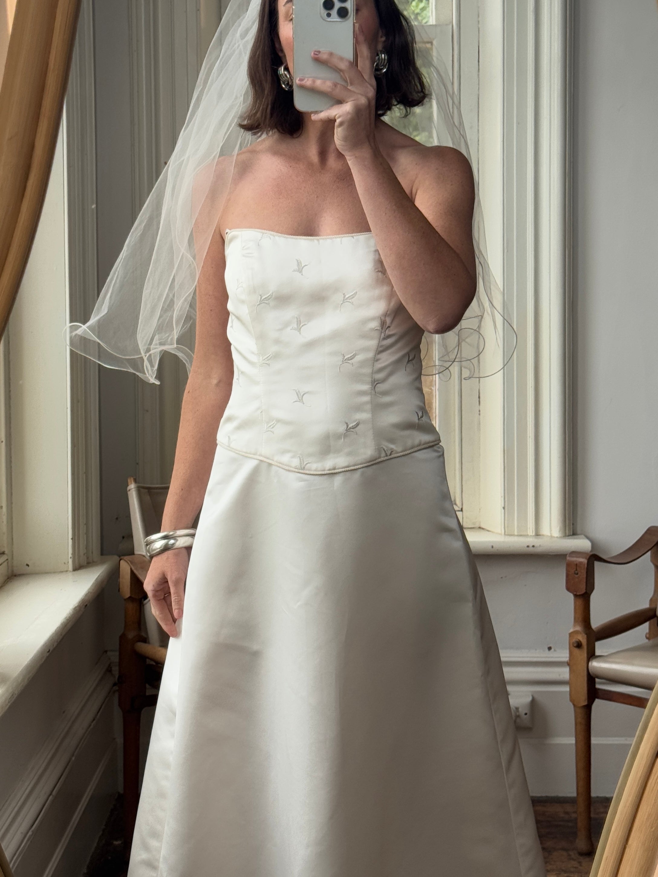 Vintage 90s Australian Made Column Strapless Satin Wedding Dress