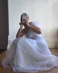 Vintage 70s Tiered Organza Prairie Daisy Wedding Dress