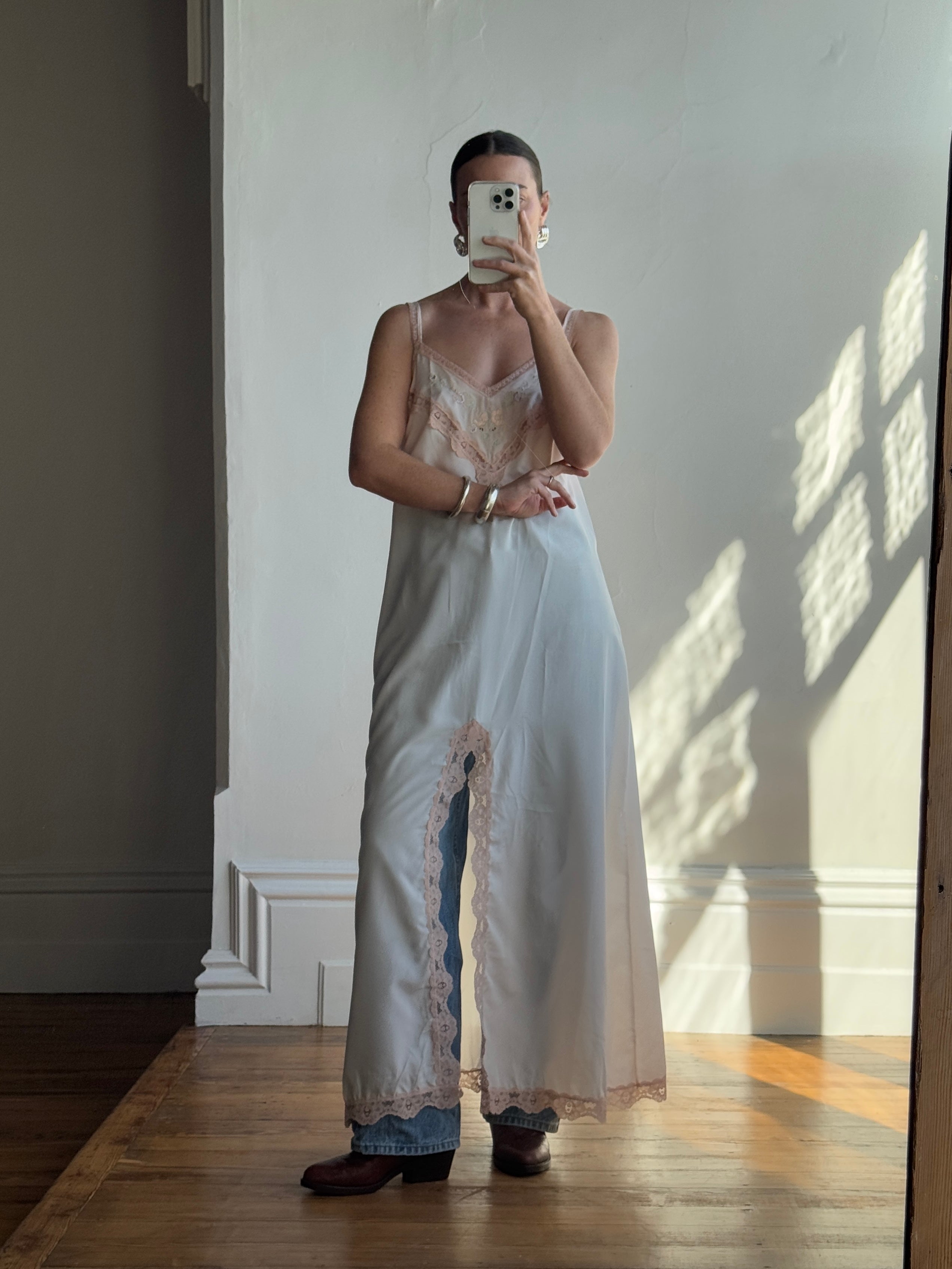 Vintage Embroidered Lace Midi Slip Dress Marshmallow