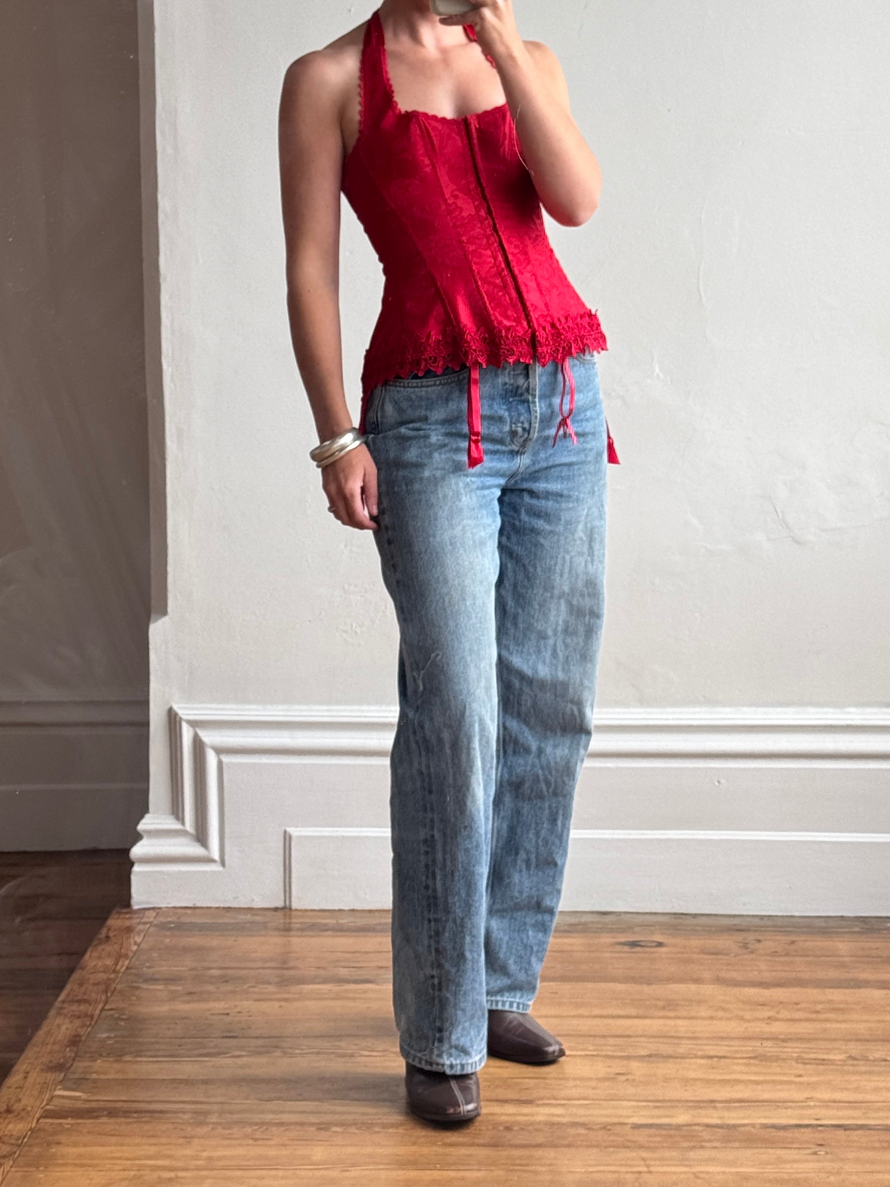 Vintage Y2K Halter Lace Up Corset Red
