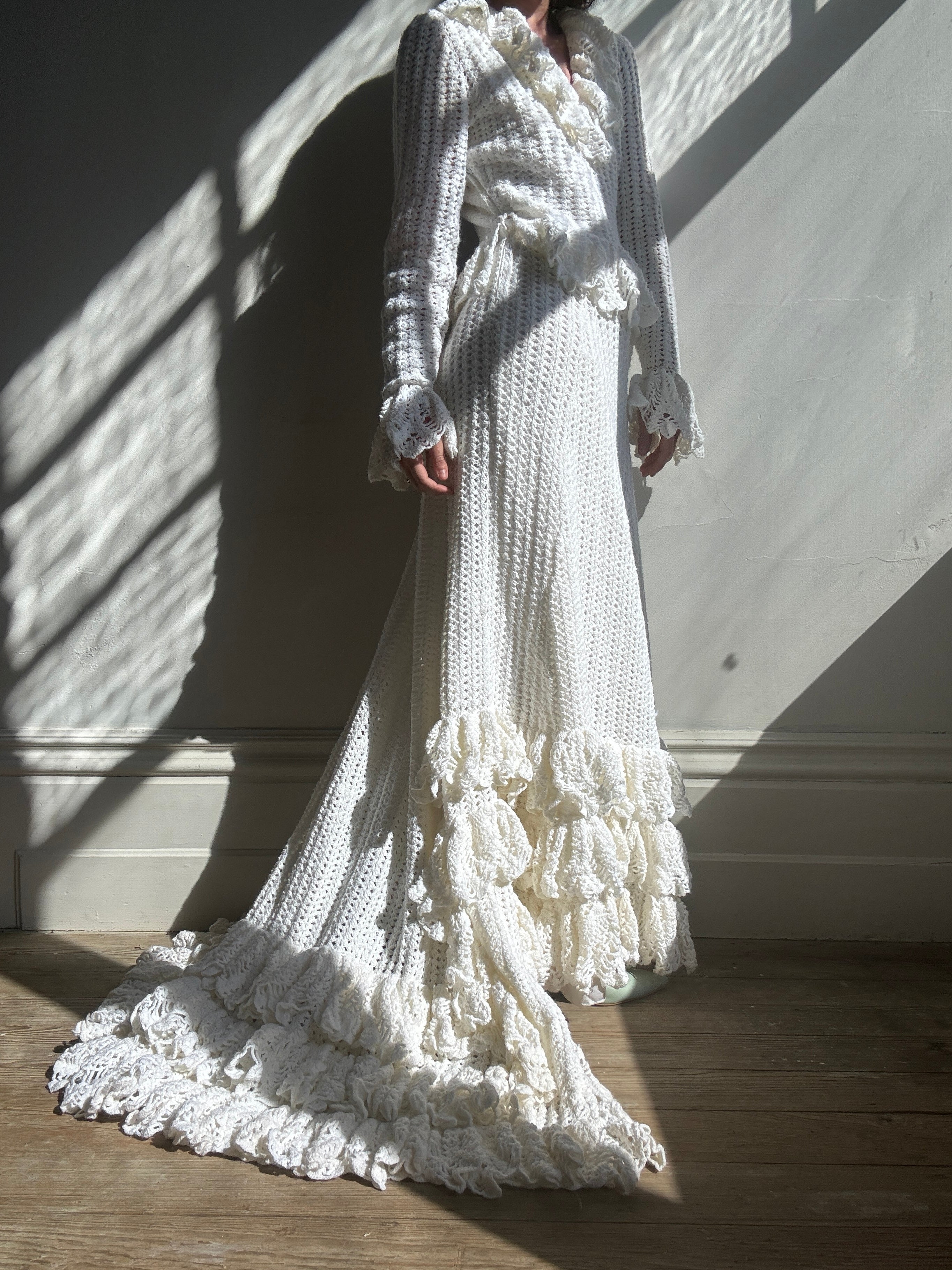 Vintage 1970s Crochet Ruffle Couture Wedding Gown