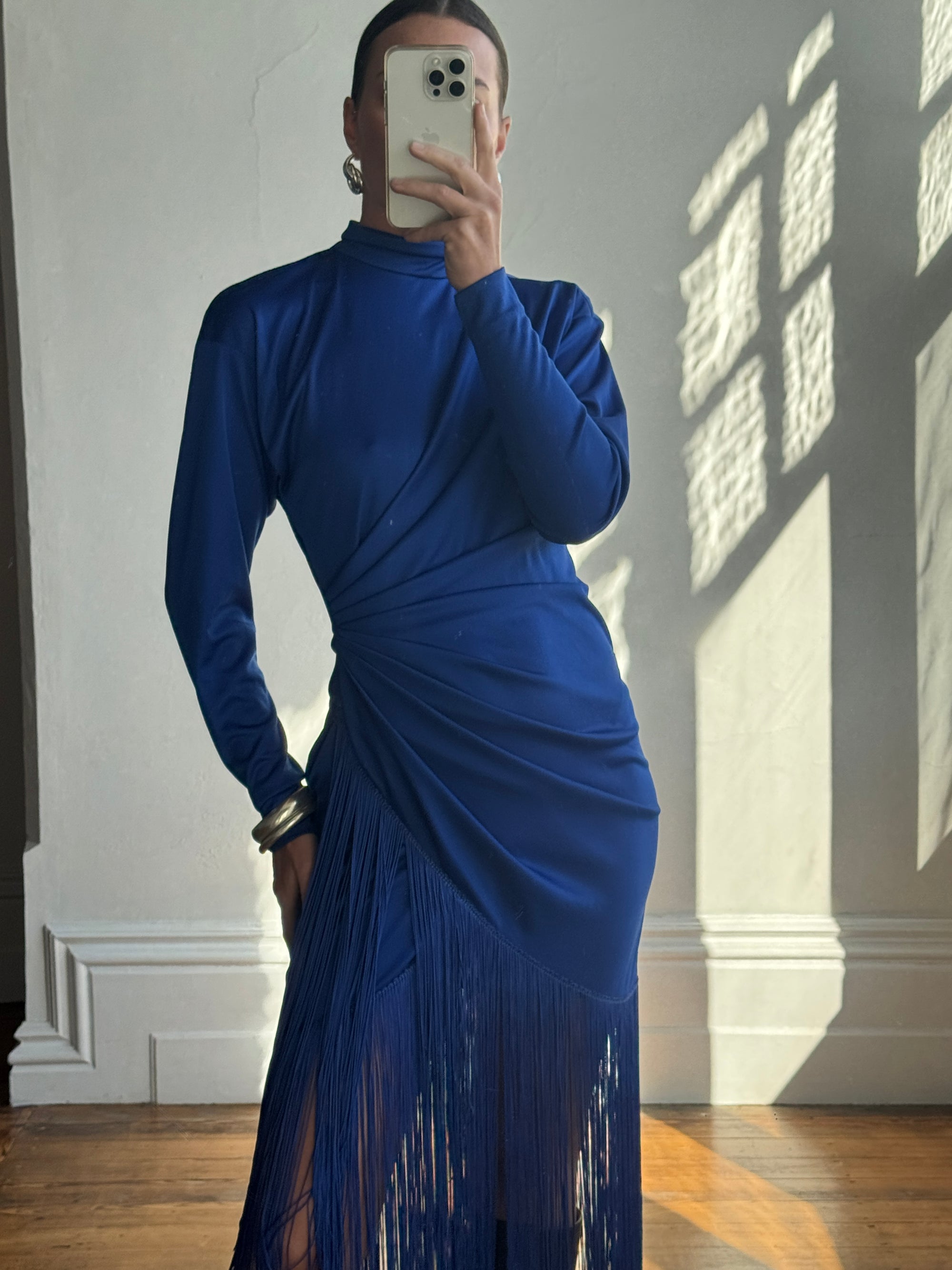 Vintage 80s Royal Blue Long Sleeve Fringe Dress
