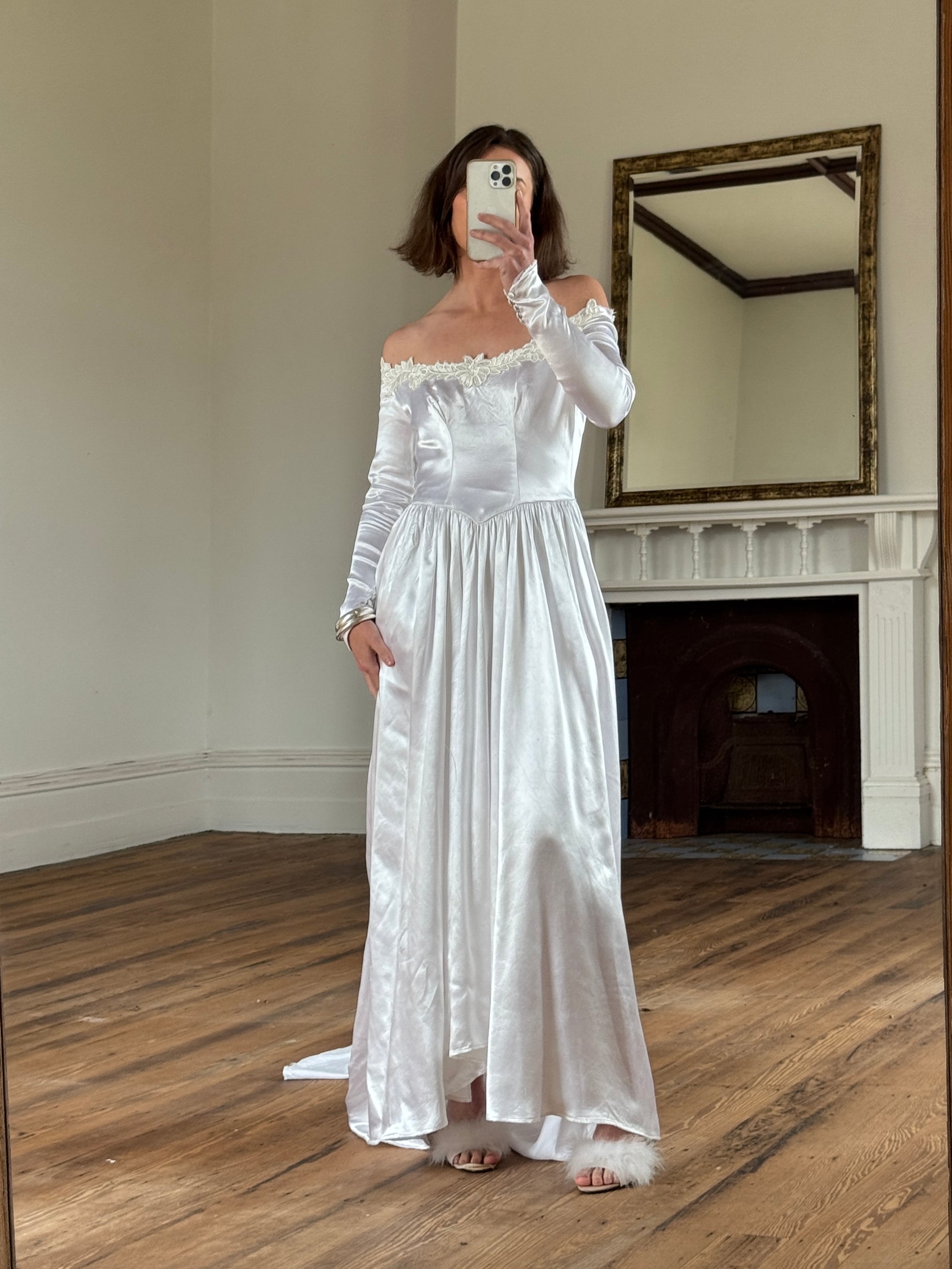 Vintage 50s Liquid Satin Scoop Applique Wedding Gown