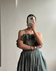 Vintage 80s Taffeta Pleated Strapless Gown Slate